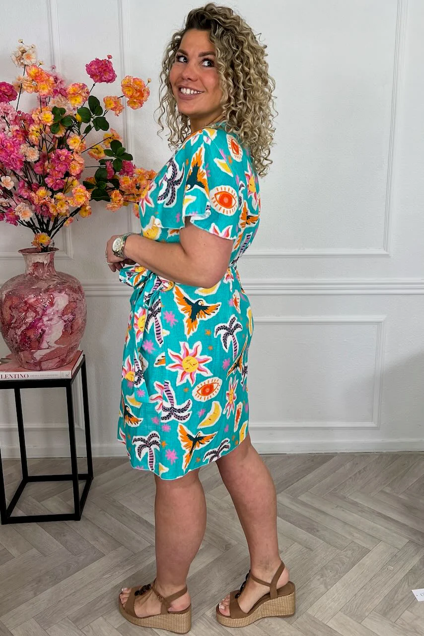 Cotton Barcelona Wrap Dress Tropical - Turquoise - Image 3