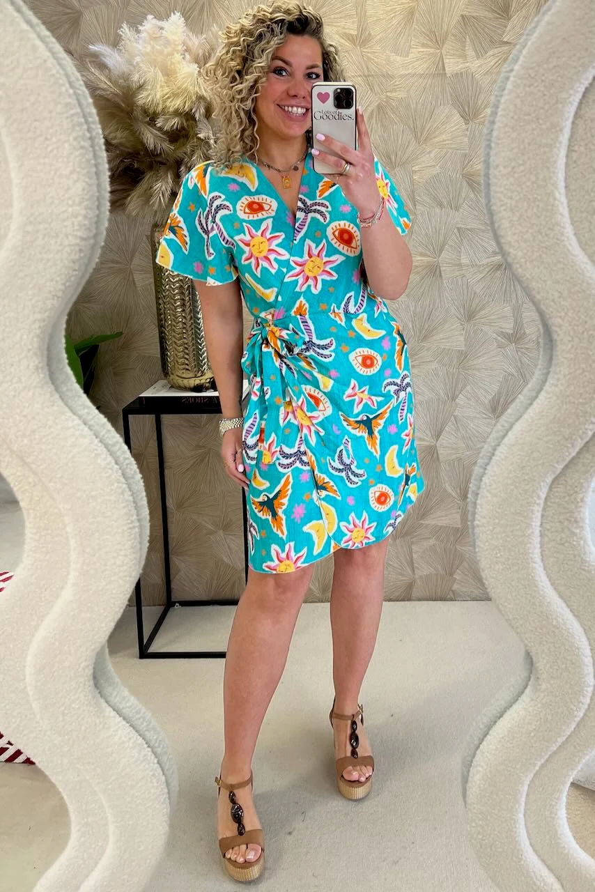 Cotton Barcelona Wrap Dress Tropical - Turquoise - Image 4