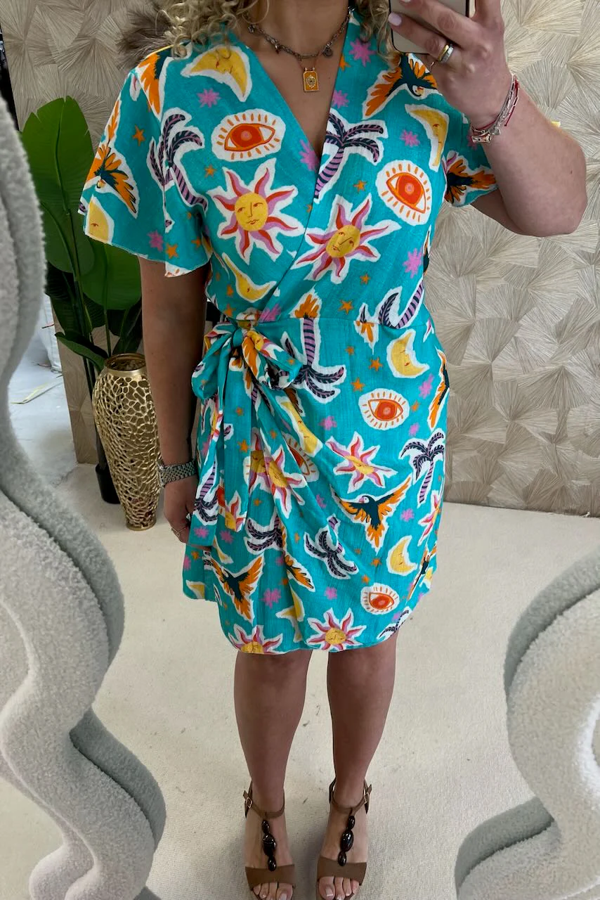 Cotton Barcelona Wrap Dress Tropical - Turquoise - Image 5