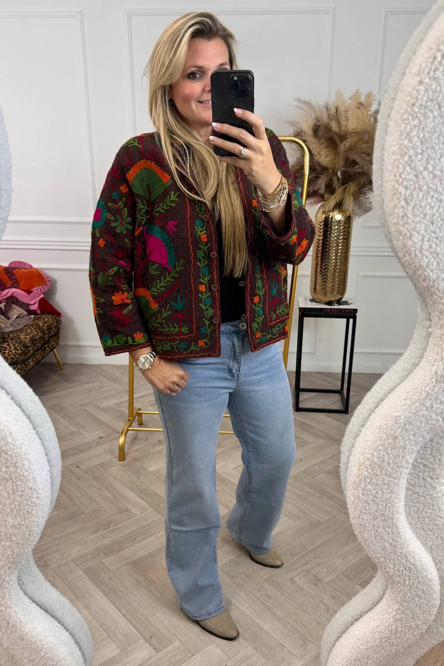 Cotton Flower Button Jacket - Brown