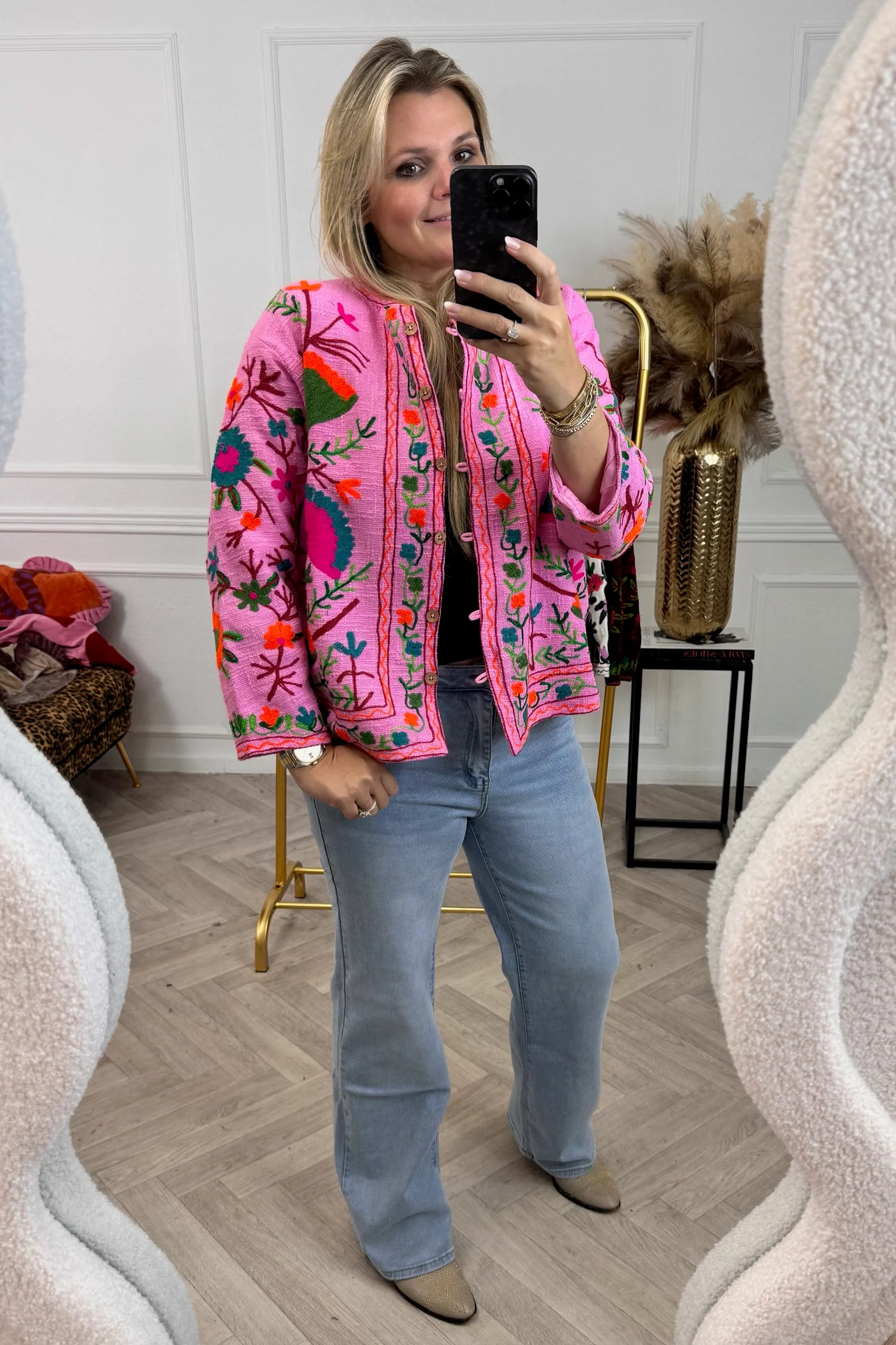 Cotton Flower Button Jacket - Pink