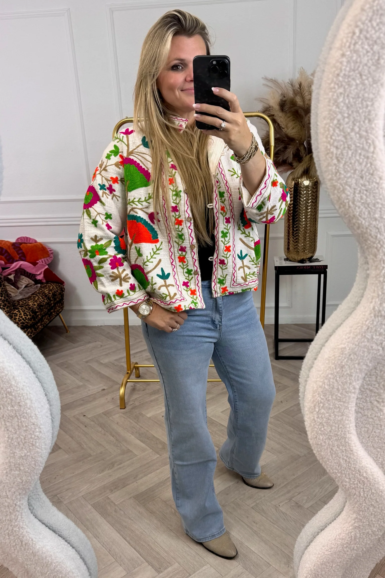 Cotton Flower Button Jacket - White/Pink