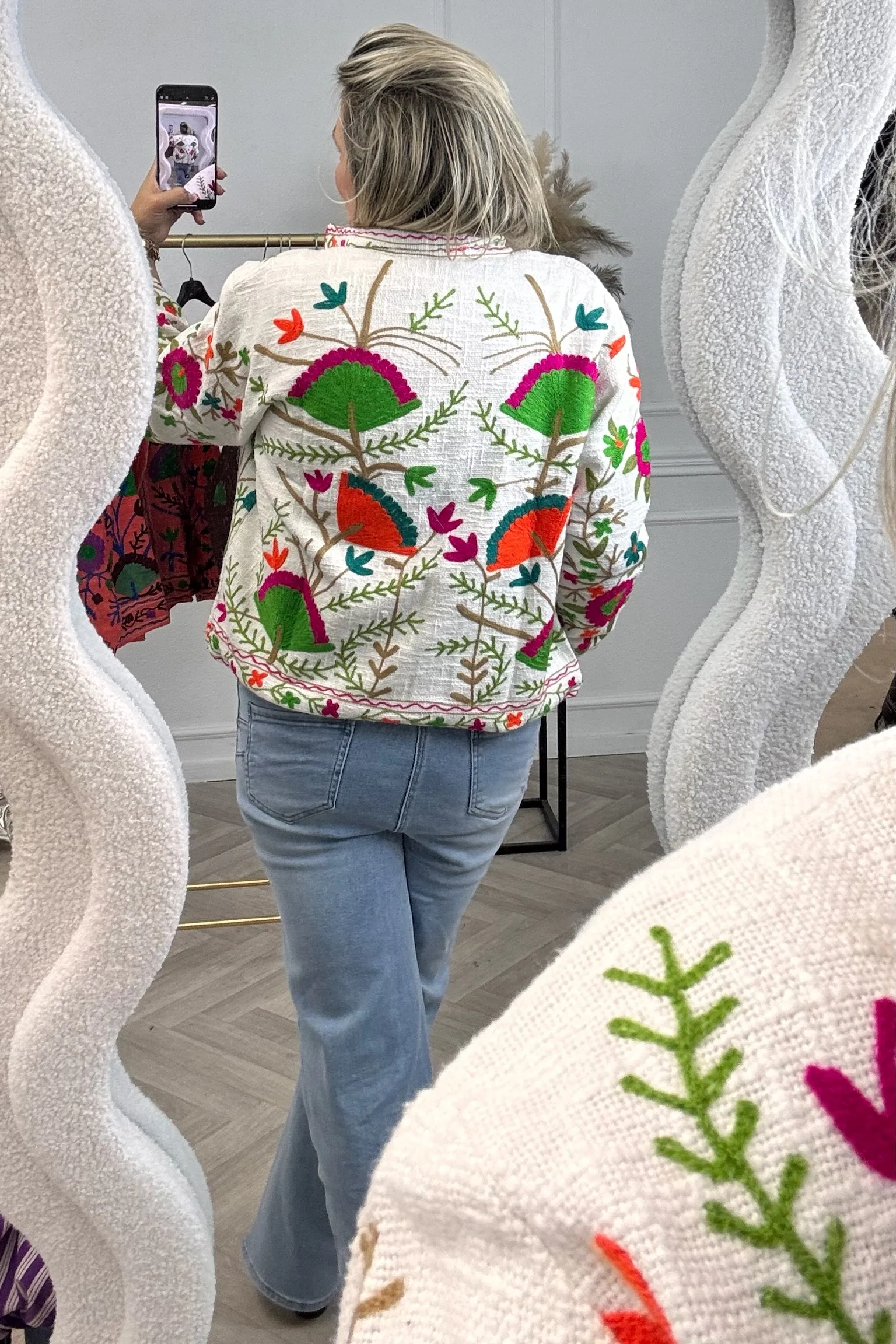 Cotton Flower Button Jacket - White/Pink - Image 2