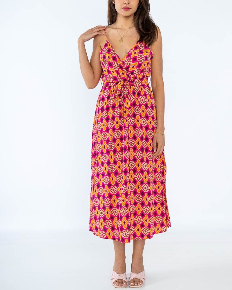 Cotton Flower Print Dress - Orange/Magenta