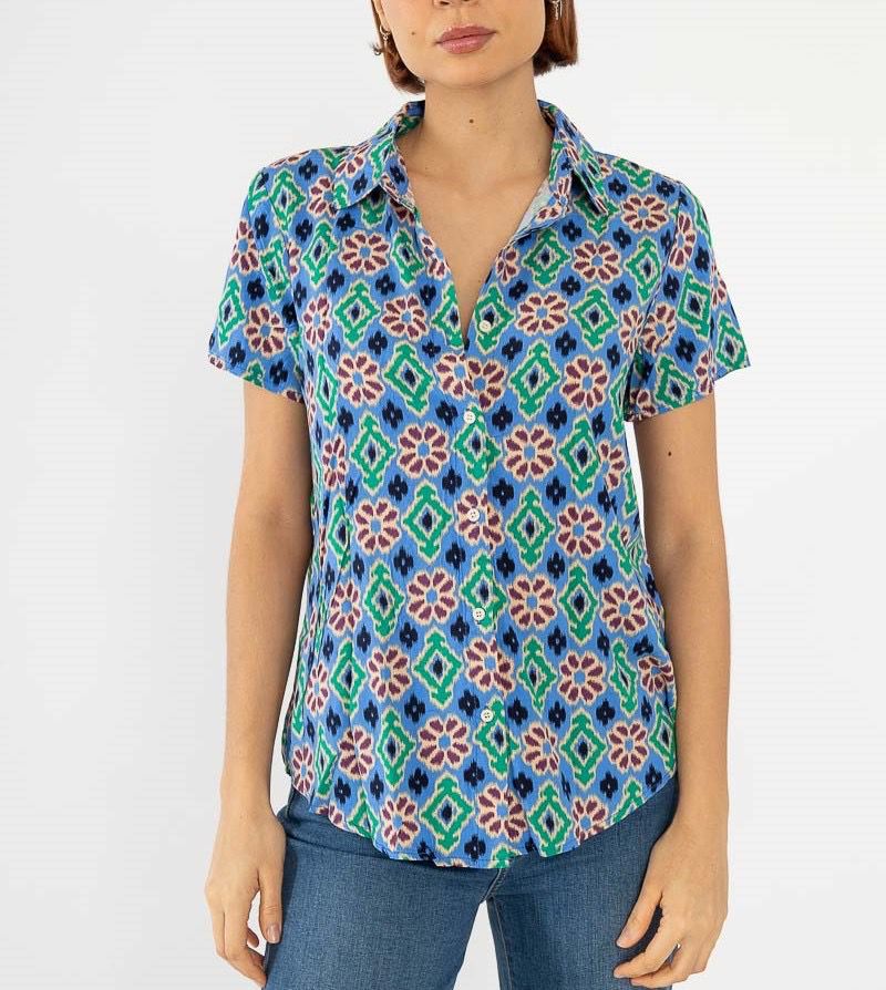 Cotton Flower Print Top - Blue/Green