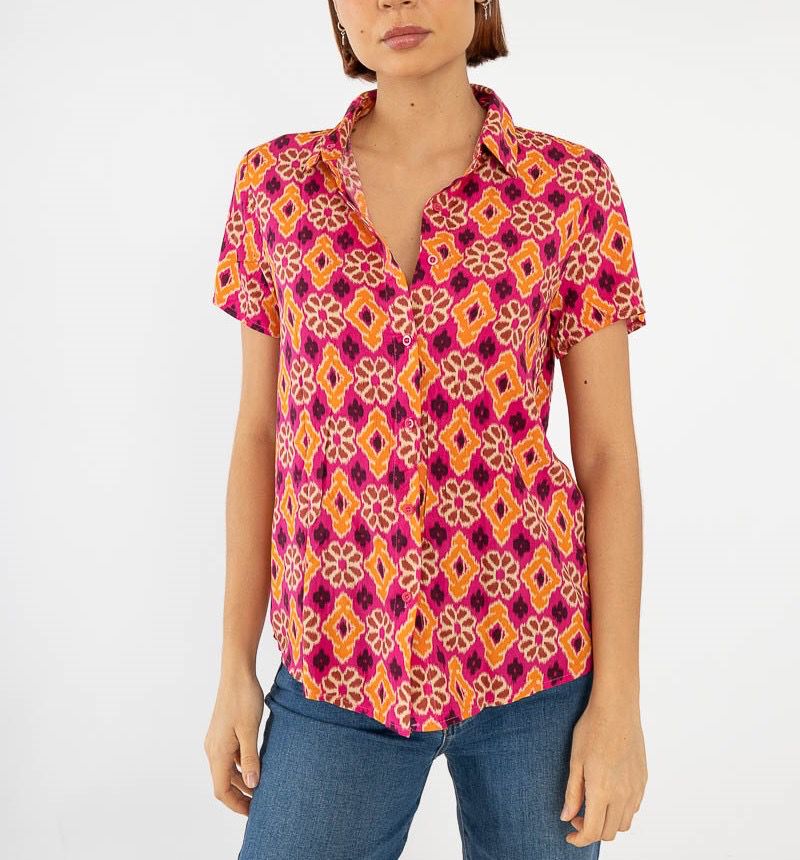 Cotton Flower Print Top - Orange/Magenta