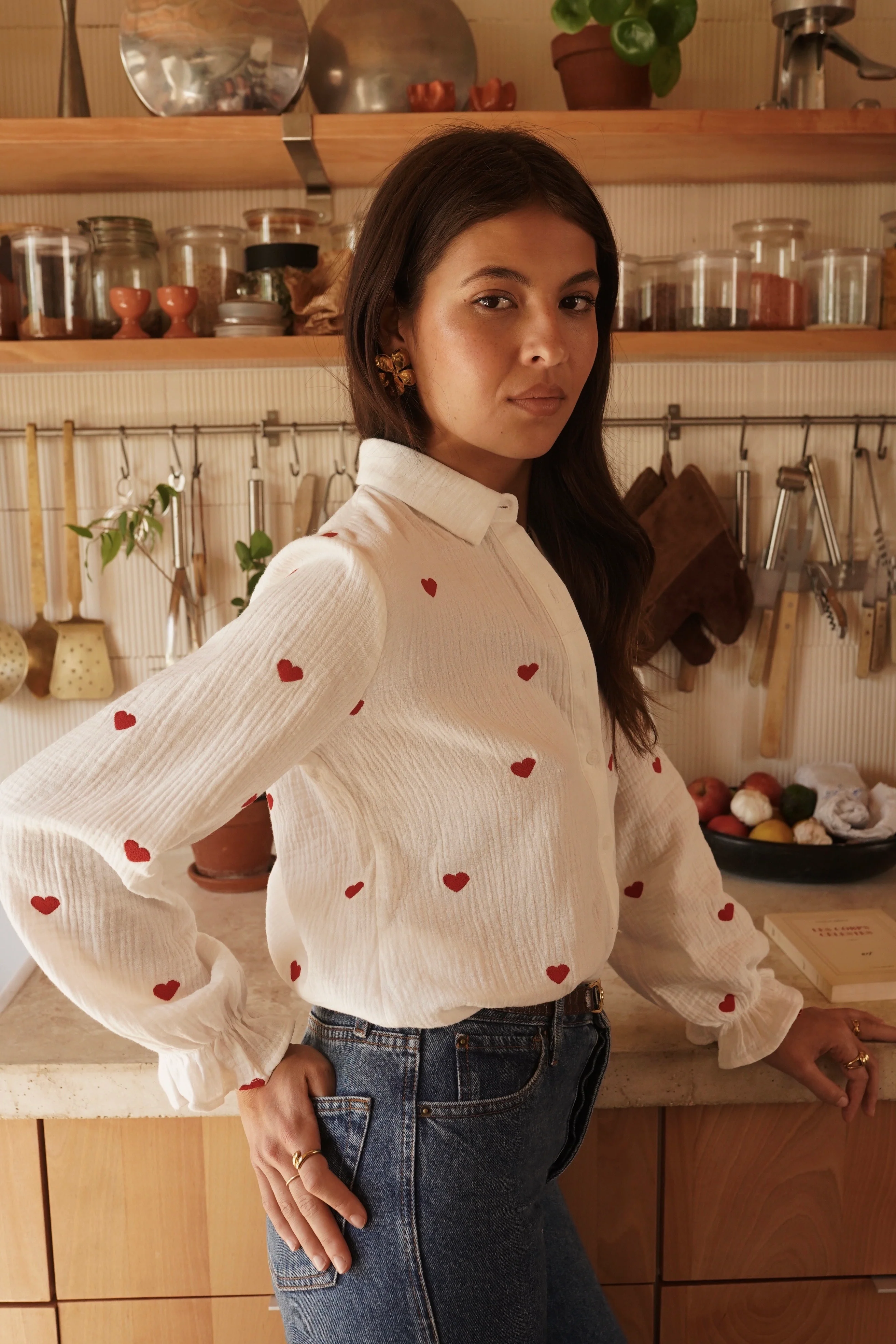 Cotton Heart Blouse - White/Red - Image 4