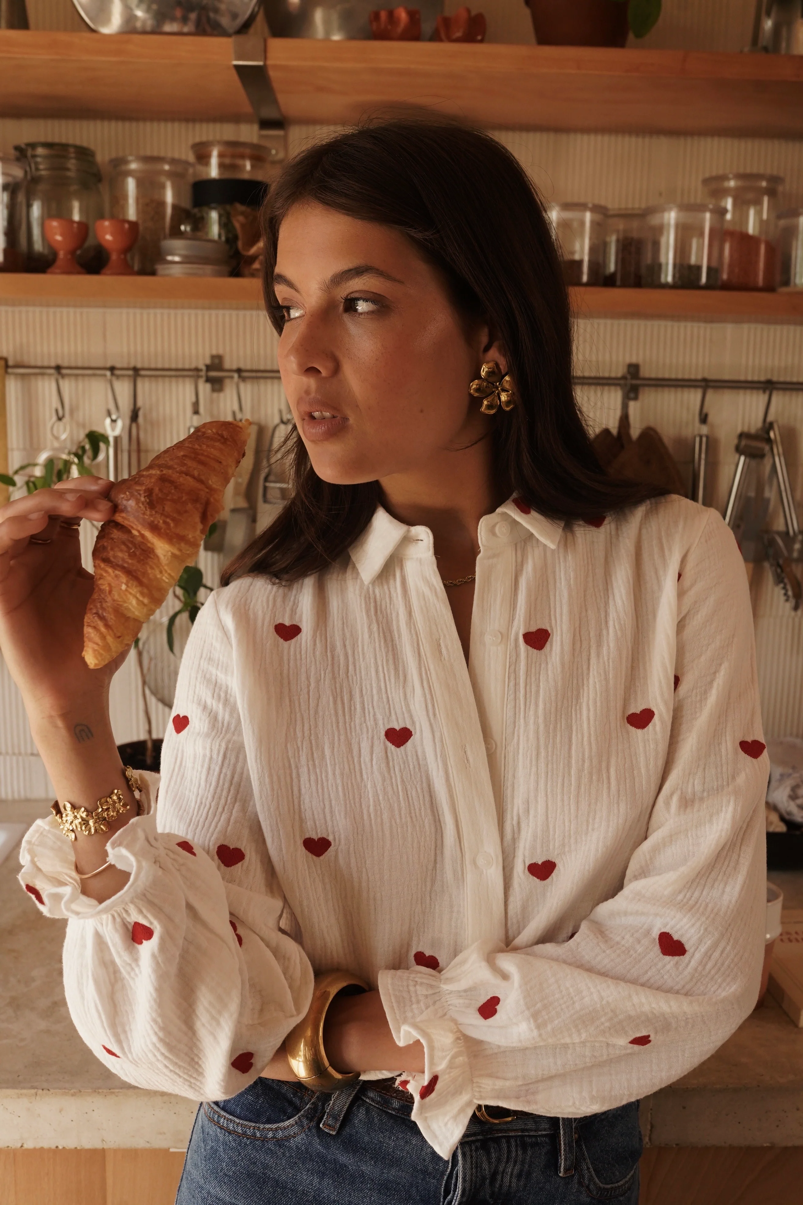 Cotton Heart Blouse - White/Red - Image 5