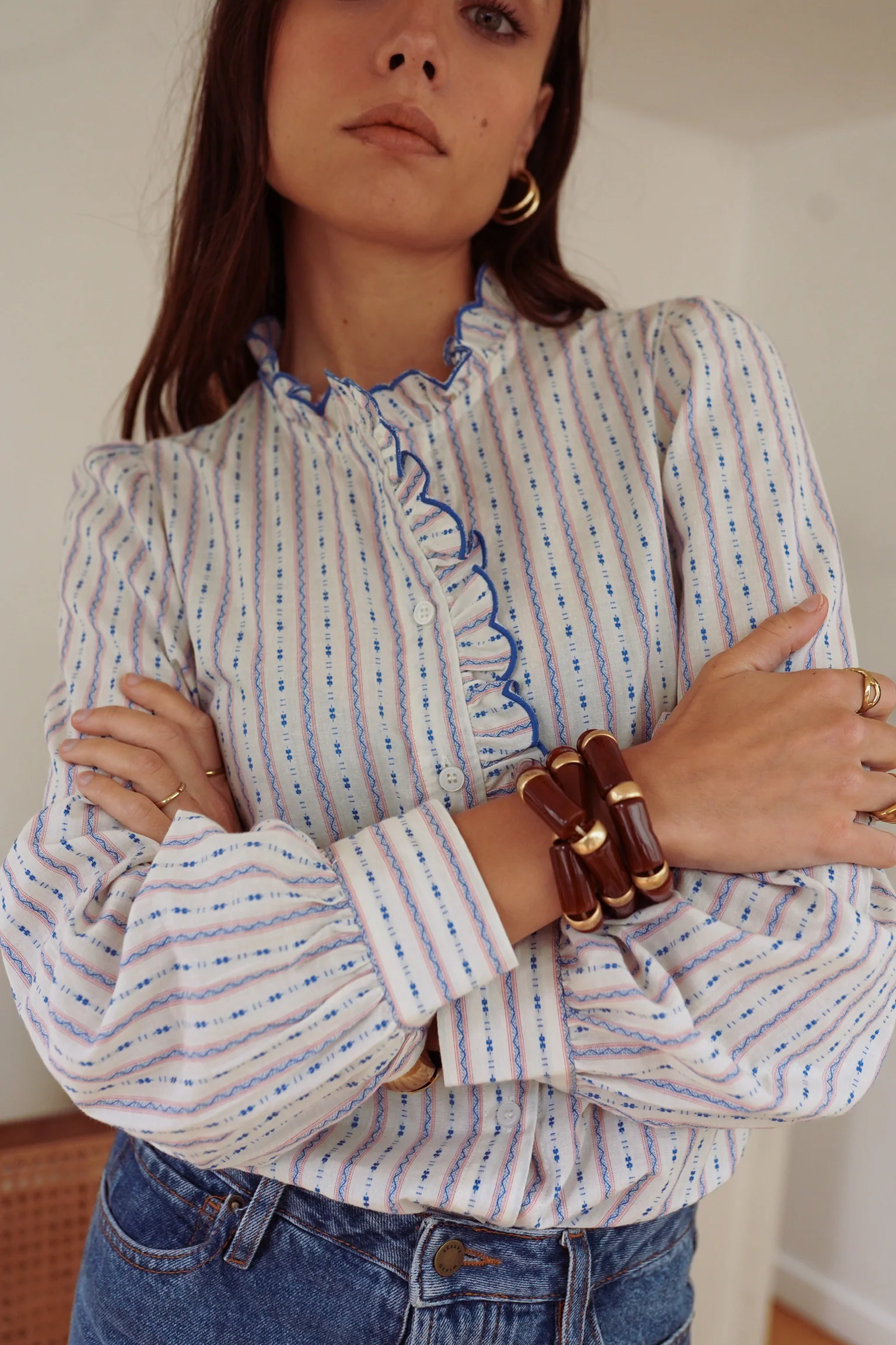 Cotton Striped Pattern Blouse - White - Image 3