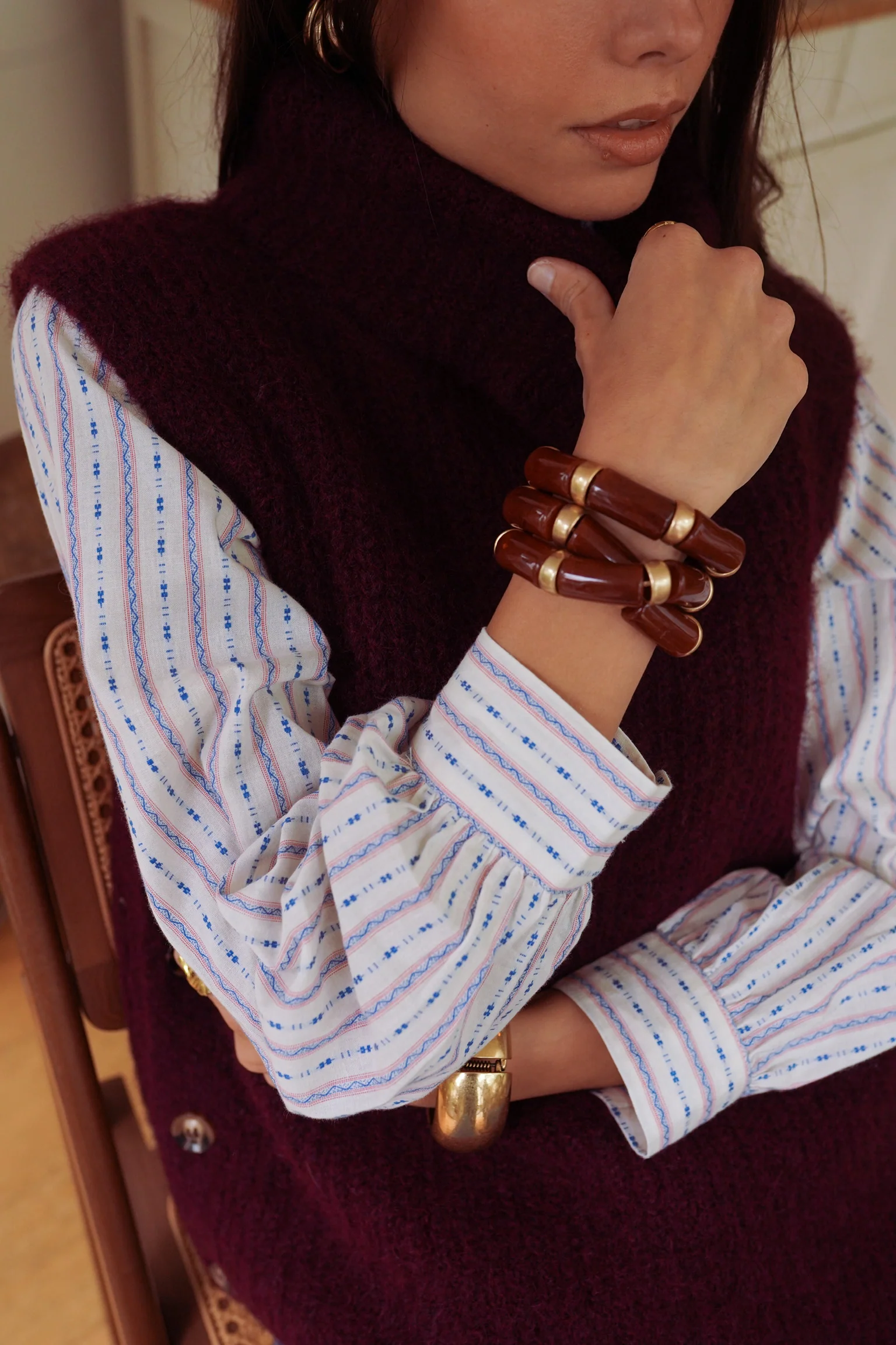 Cotton Striped Pattern Blouse - White - Image 5