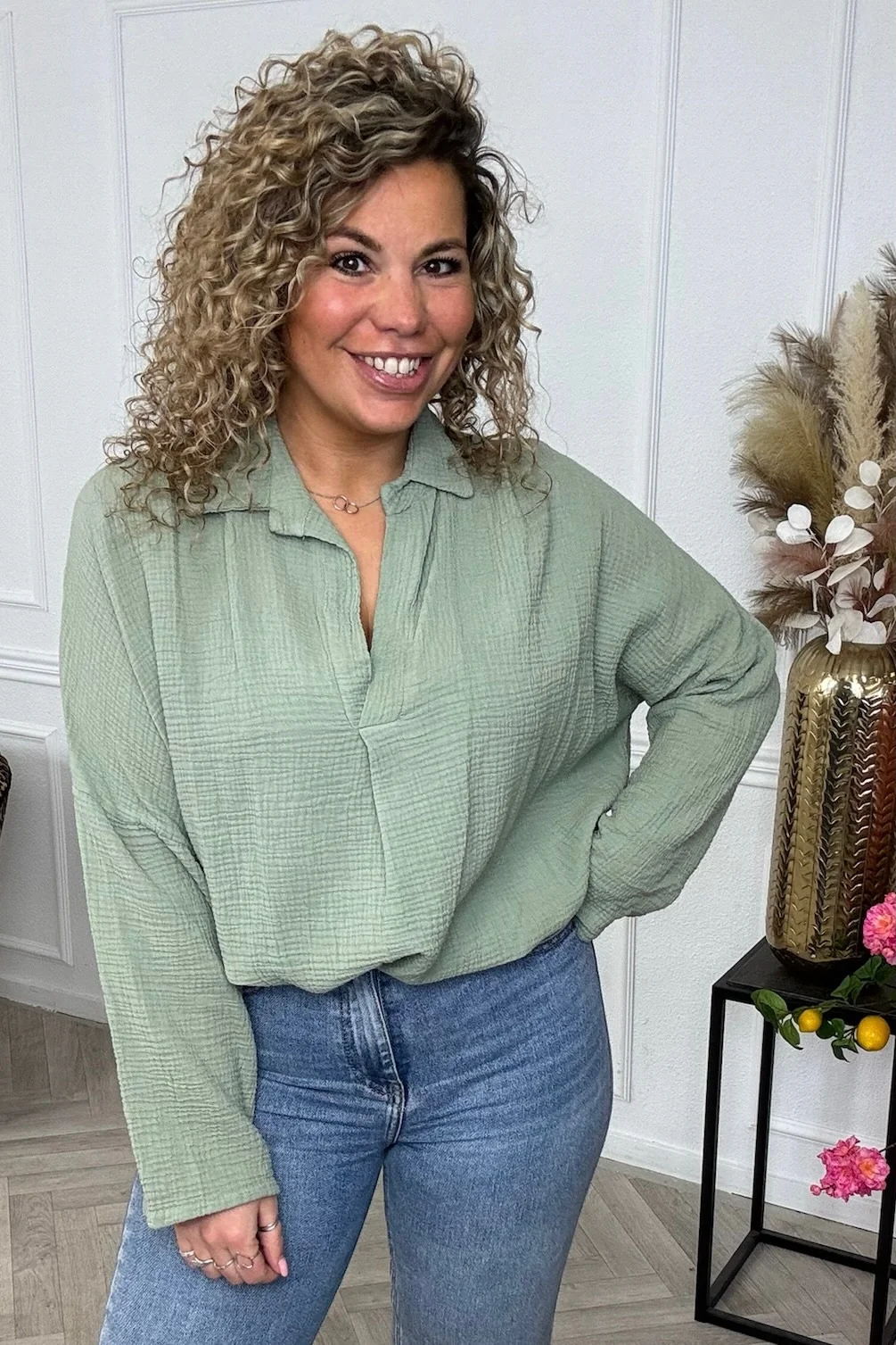 Cotton V Neck Blouse - Armygreen