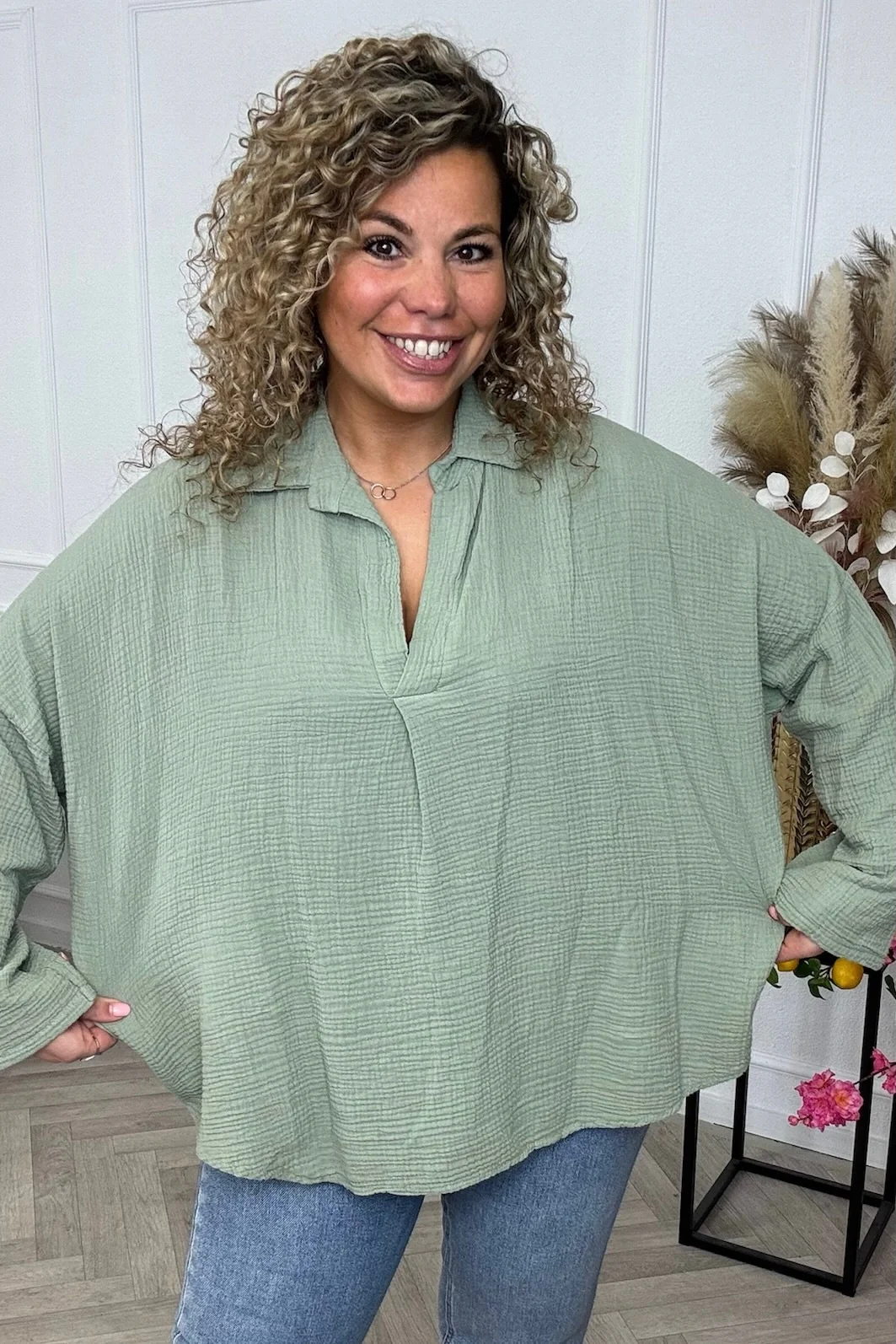 Cotton V Neck Blouse - Armygreen - Image 3