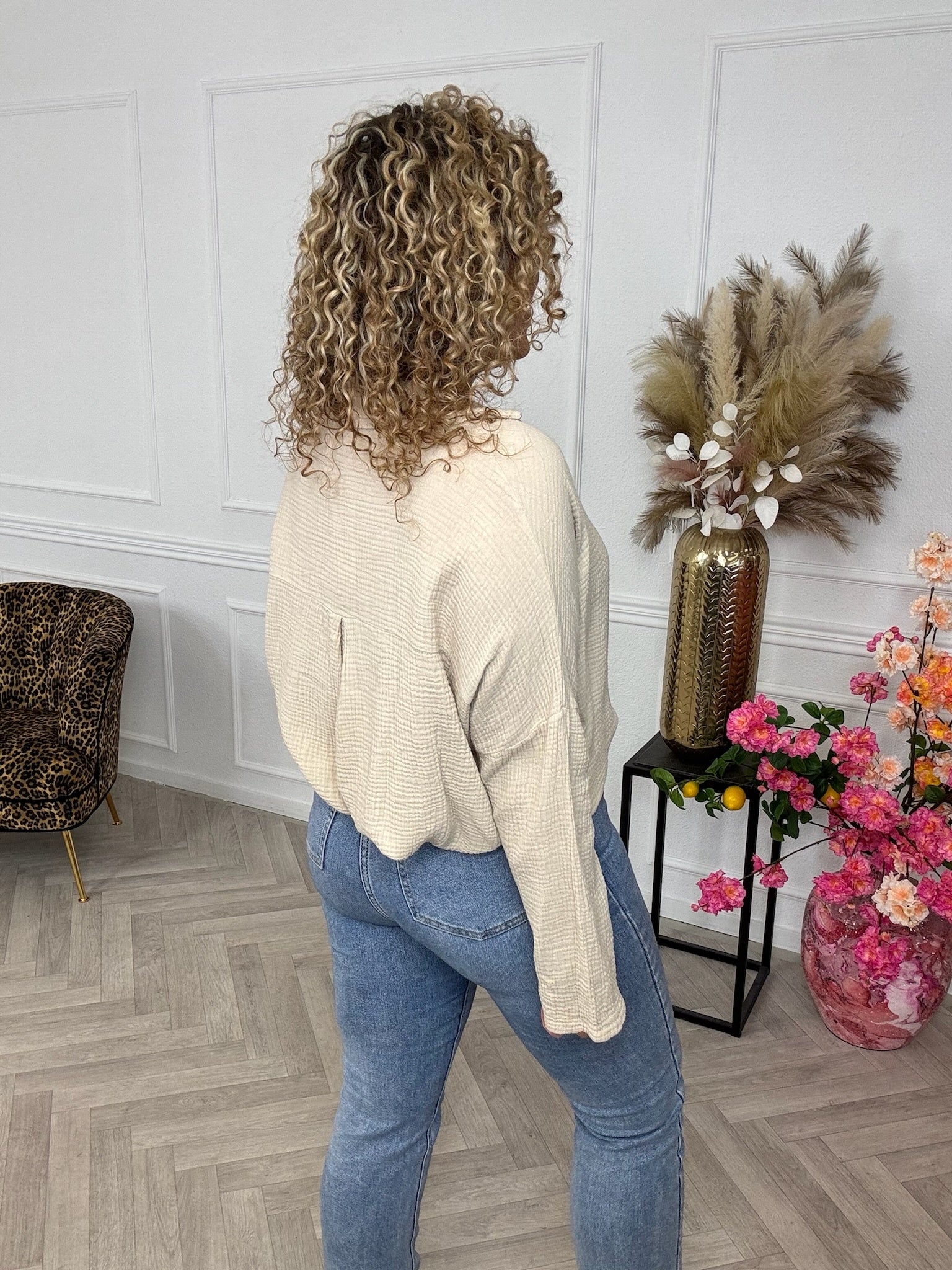 Cotton V Neck Blouse - Beige - Image 3