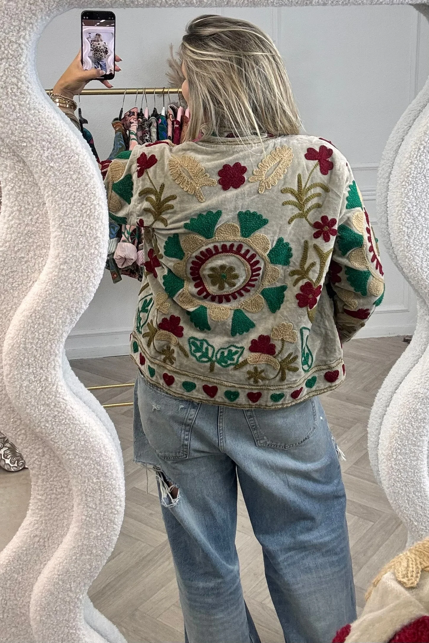 Cotton Velvet Bloom Jacket - Taupe/Green - Image 2