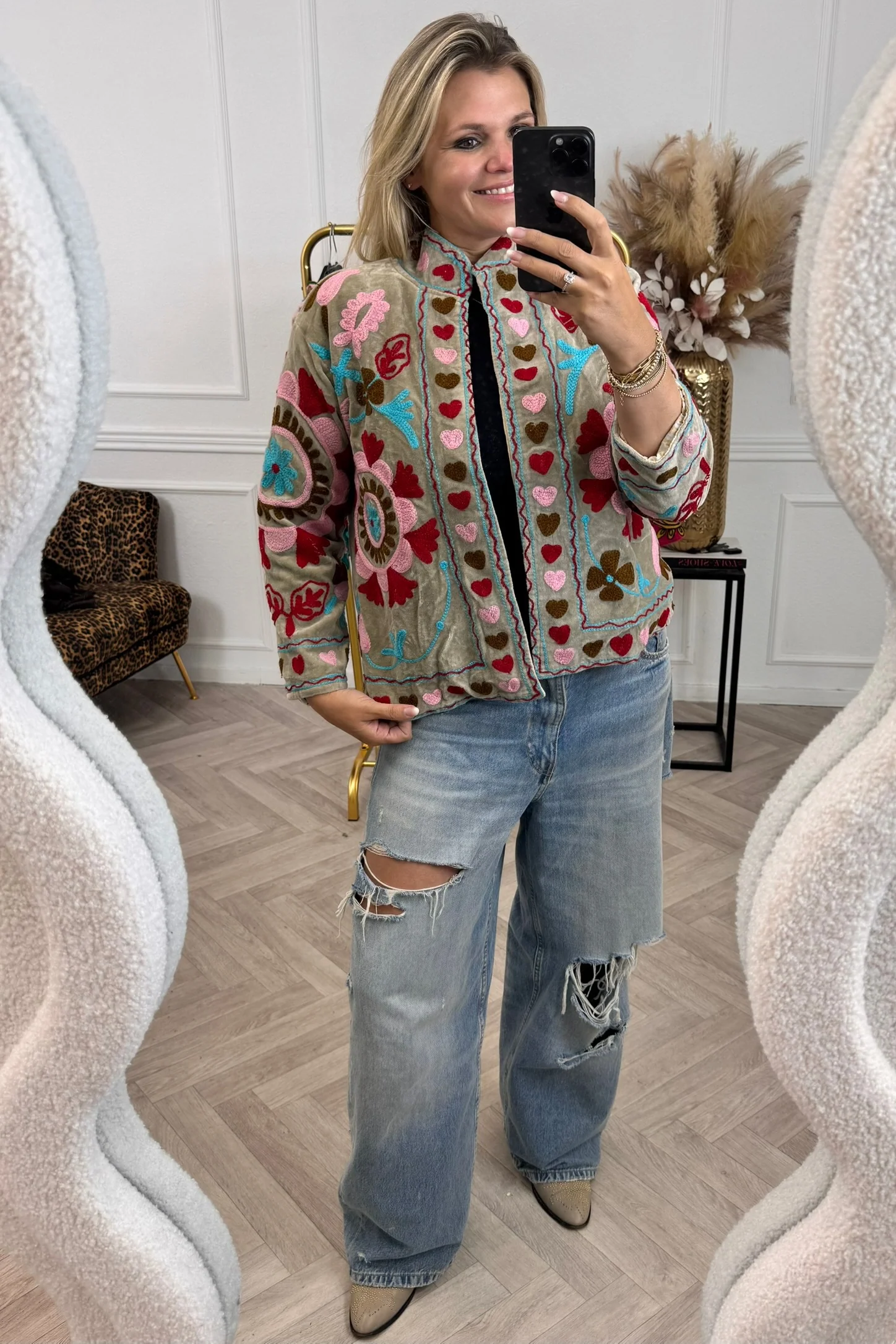 Cotton Velvet Bloom Jacket - Taupe/Red