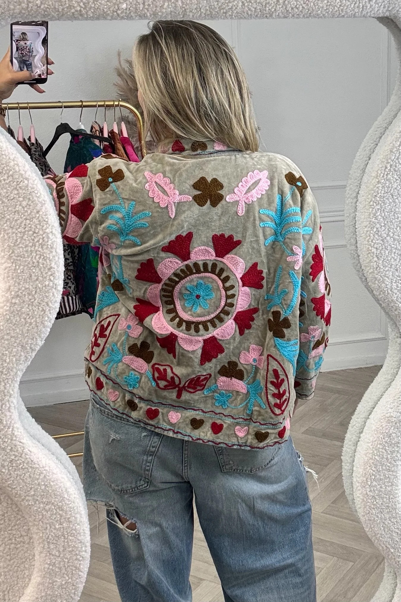 Cotton Velvet Bloom Jacket - Taupe/Red - Image 2