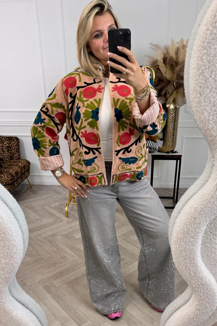 Cotton Velvet Circle Flower Jacket - Light Camel/Green