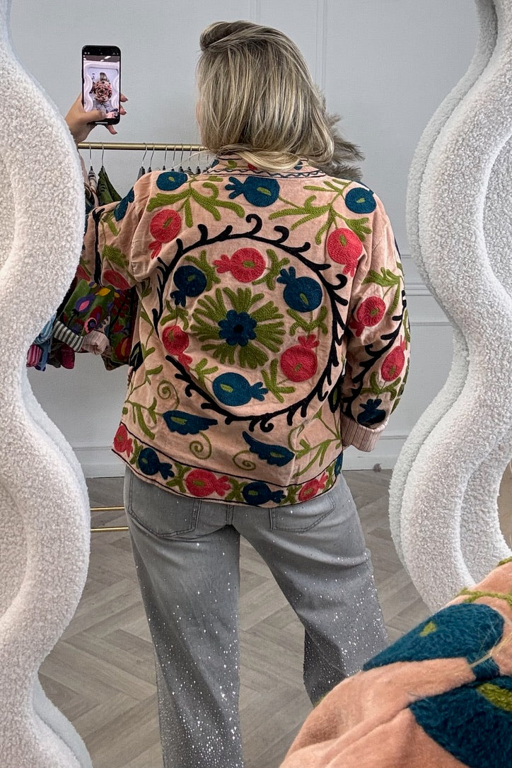 Cotton Velvet Circle Flower Jacket - Light Camel/Green - Image 2