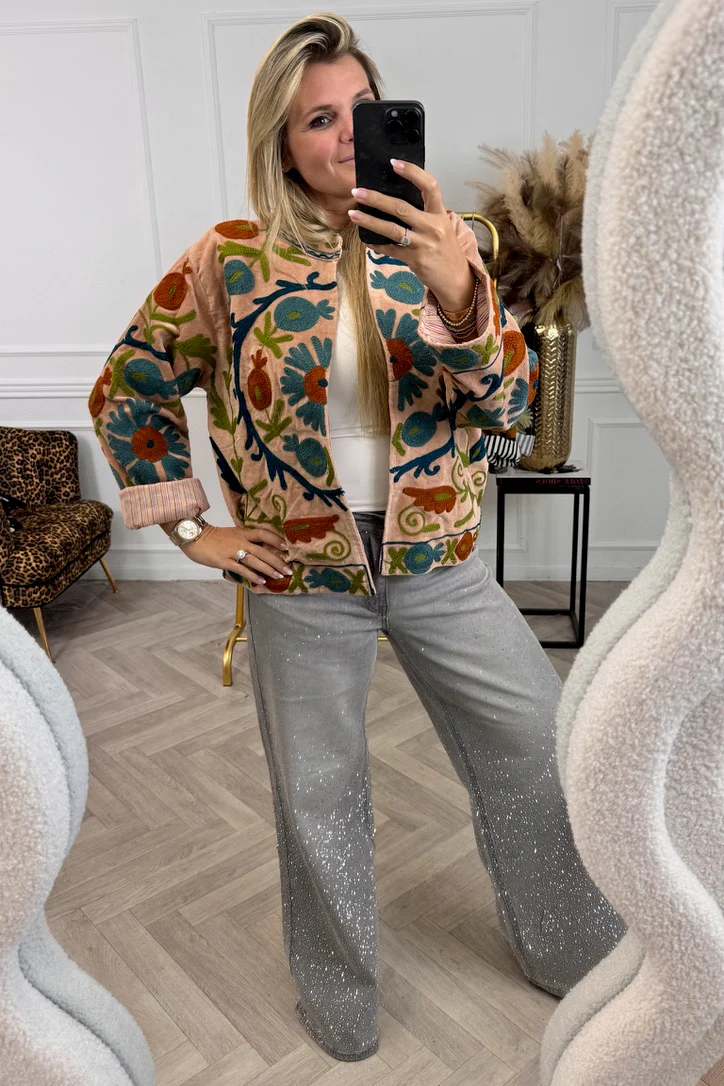 Cotton Velvet Circle Flower Jacket - Light Camel/Petrol