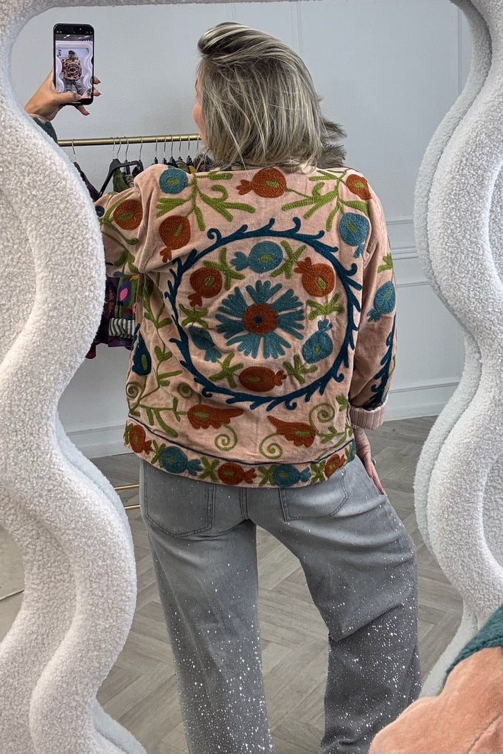 Cotton Velvet Circle Flower Jacket - Light Camel/Petrol - Image 2