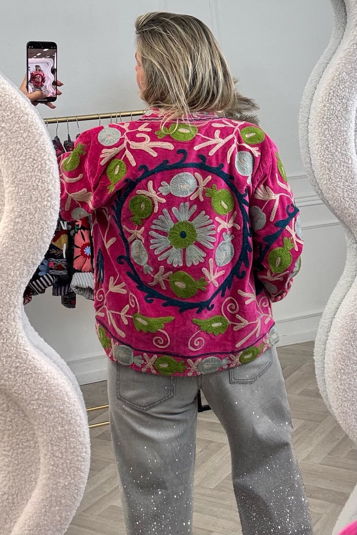 Cotton Velvet Circle Flower Jacket - Pink/Green - Image 2
