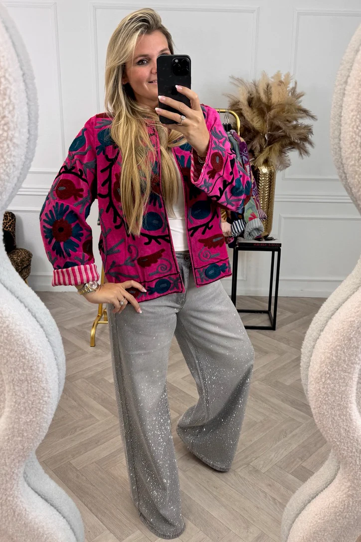 Cotton Velvet Circle Flower Jacket - Pink