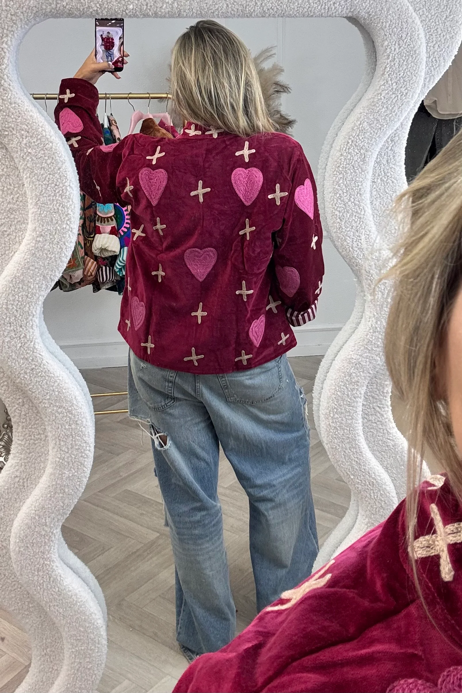 Cotton Velvet Cross and Heart Jacket - Red - Image 2