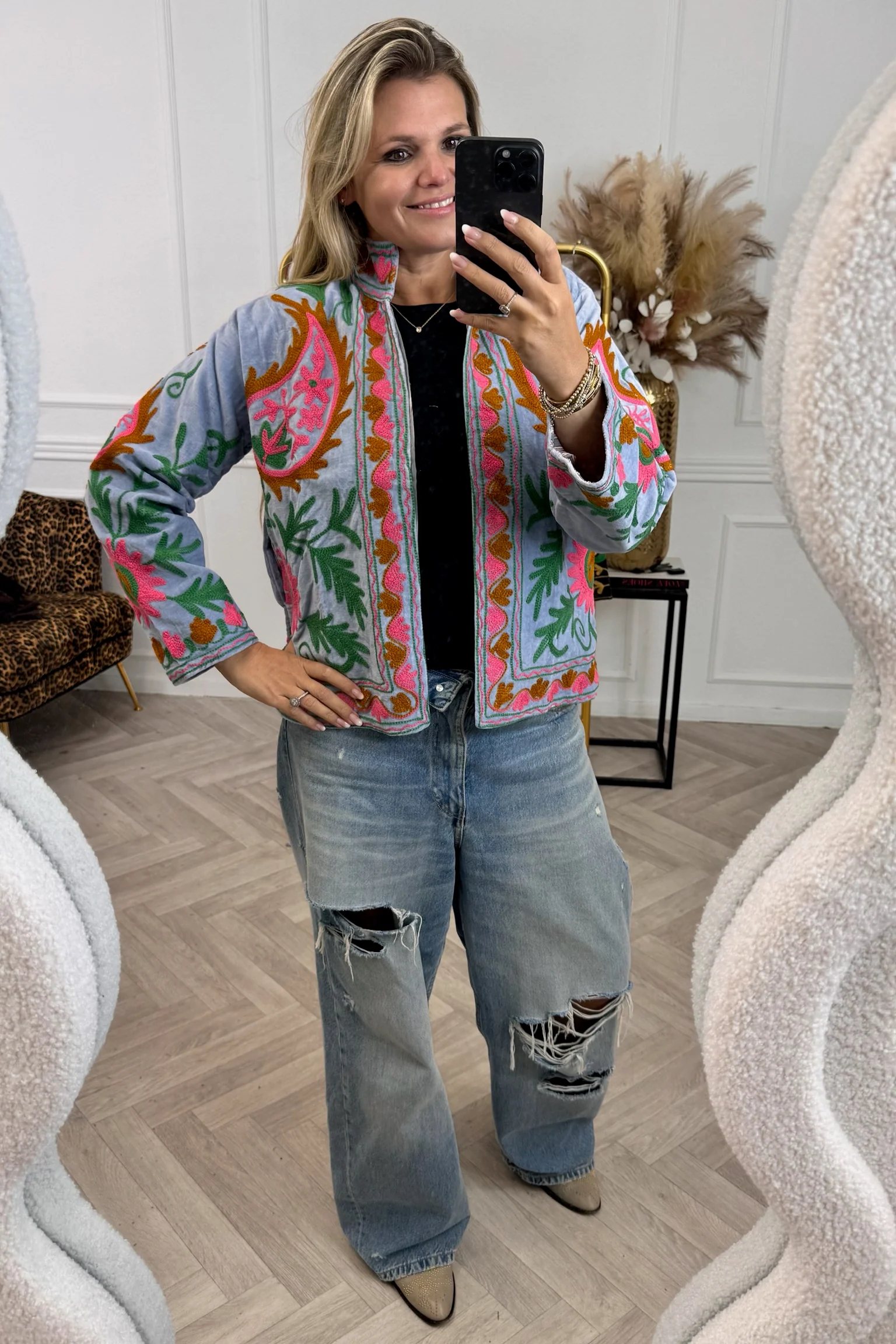 Cotton Velvet Flames Jacket - Light Blue