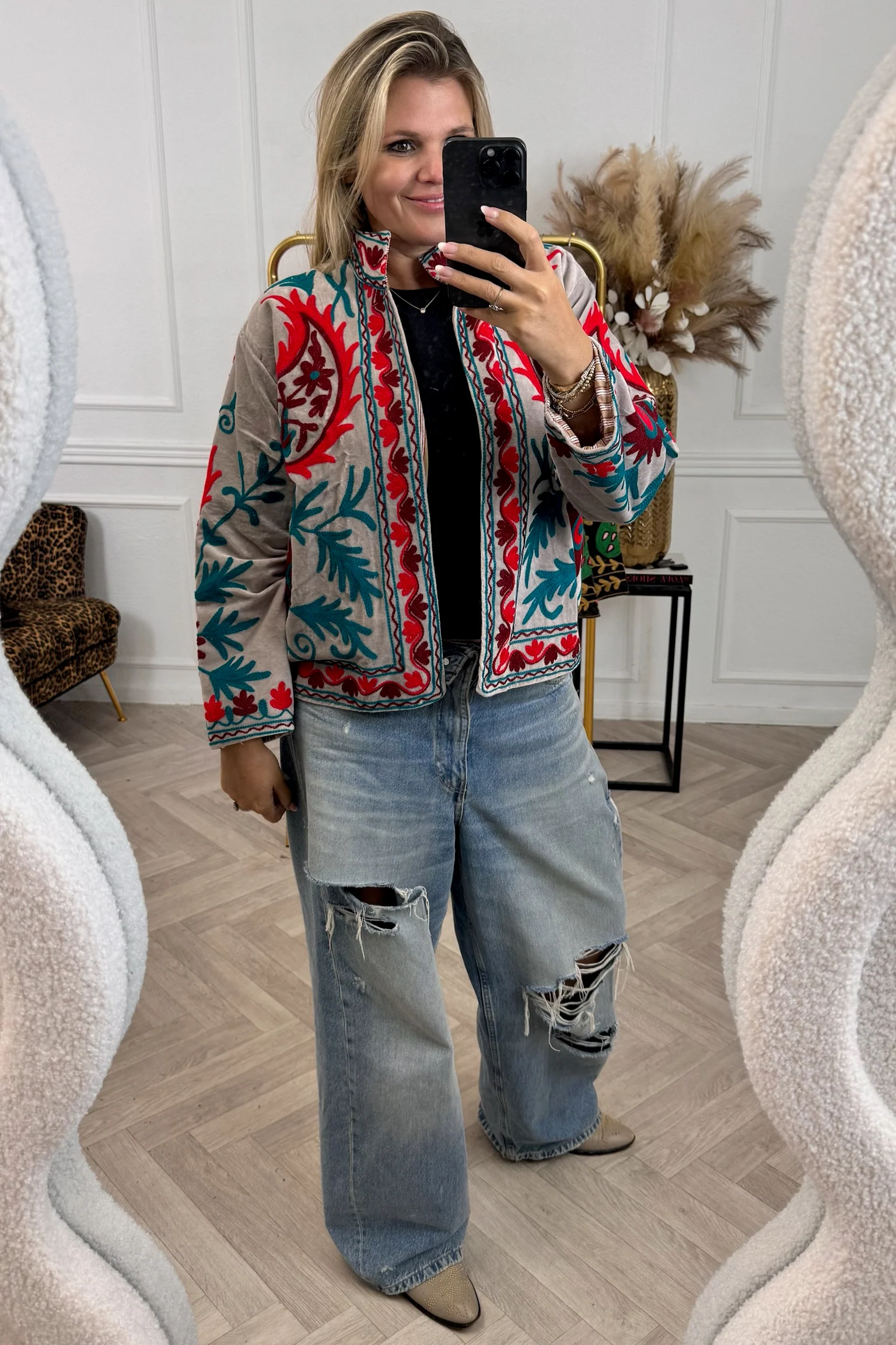 Cotton Velvet Flames Jacket - Light Grey