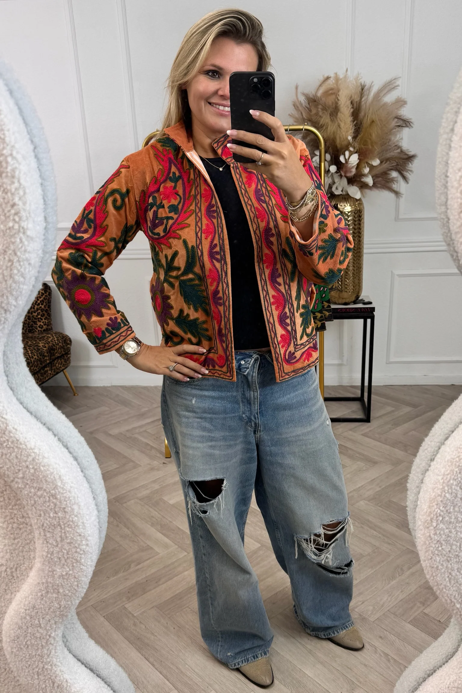 Cotton Velvet Flames Jacket - Orange/Green