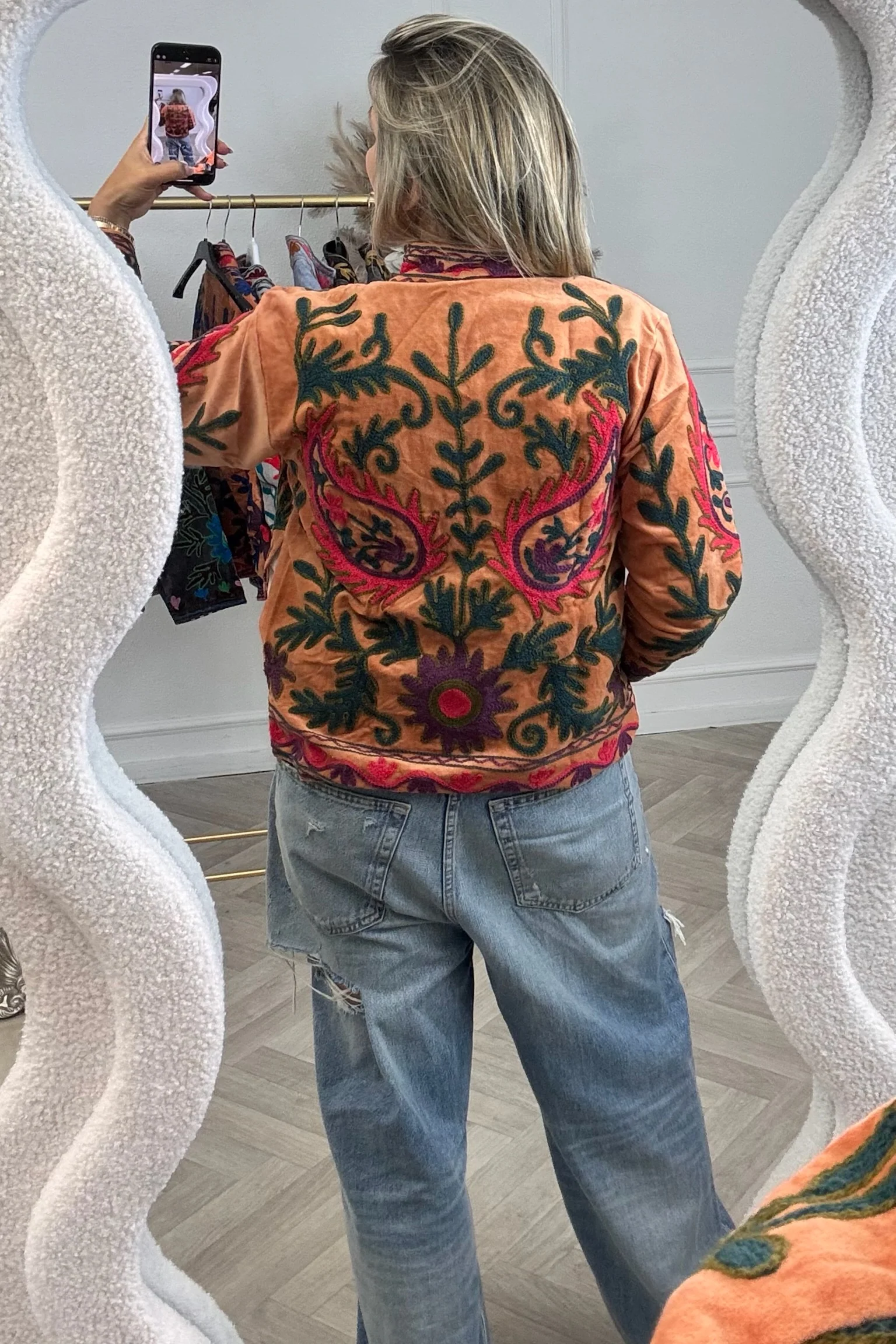 Cotton Velvet Flames Jacket - Orange/Green - Image 2