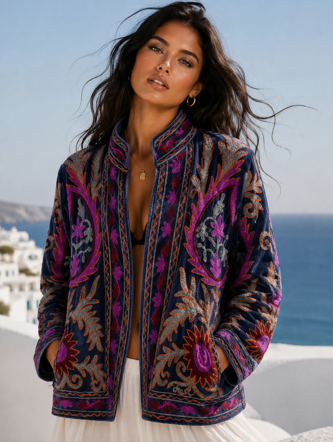 Cotton Velvet Flames Jacket - Navy
