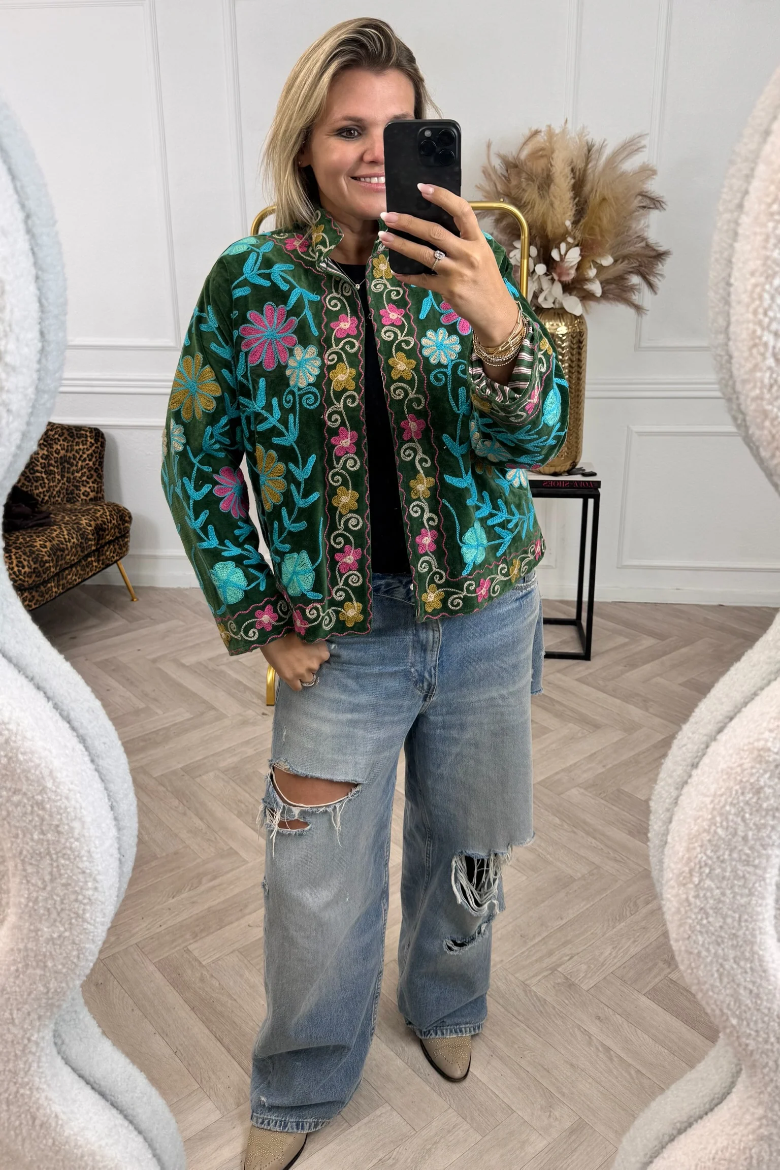 Cotton Velvet Flower Garden Jacket - Green/Blue