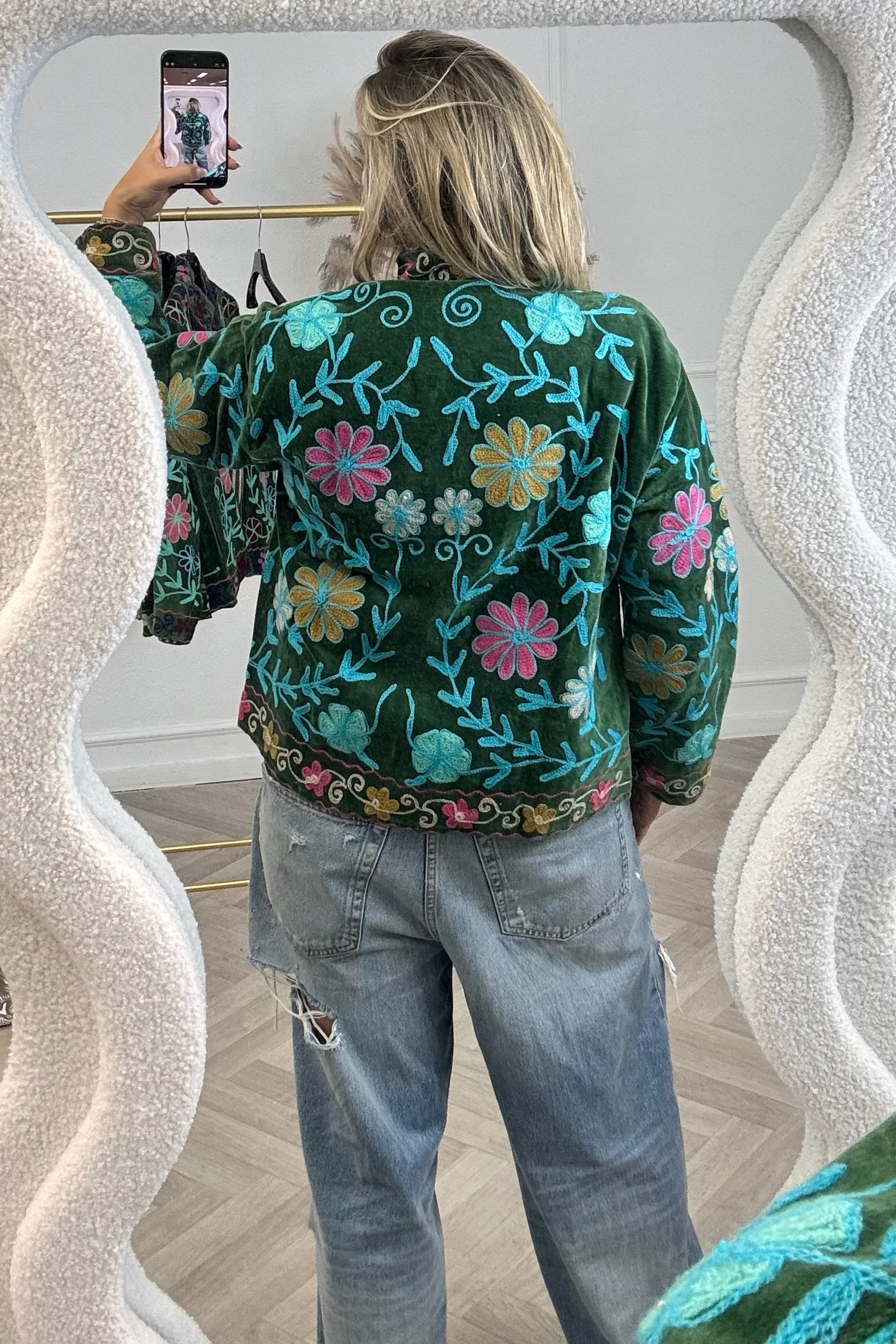 Cotton Velvet Flower Garden Jacket - Green/Blue - Image 2