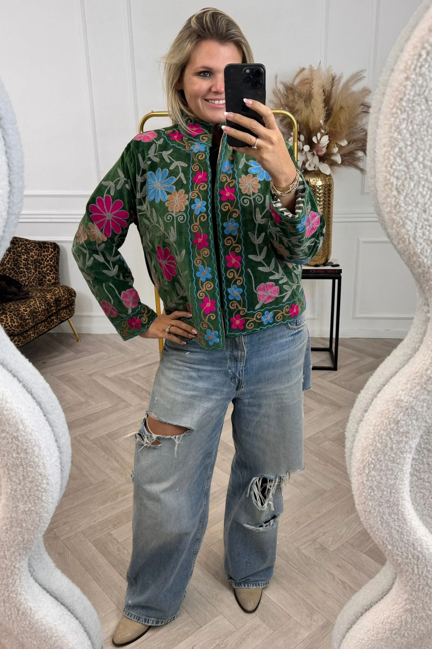 Cotton Velvet Flower Garden Jacket - Green/Grey