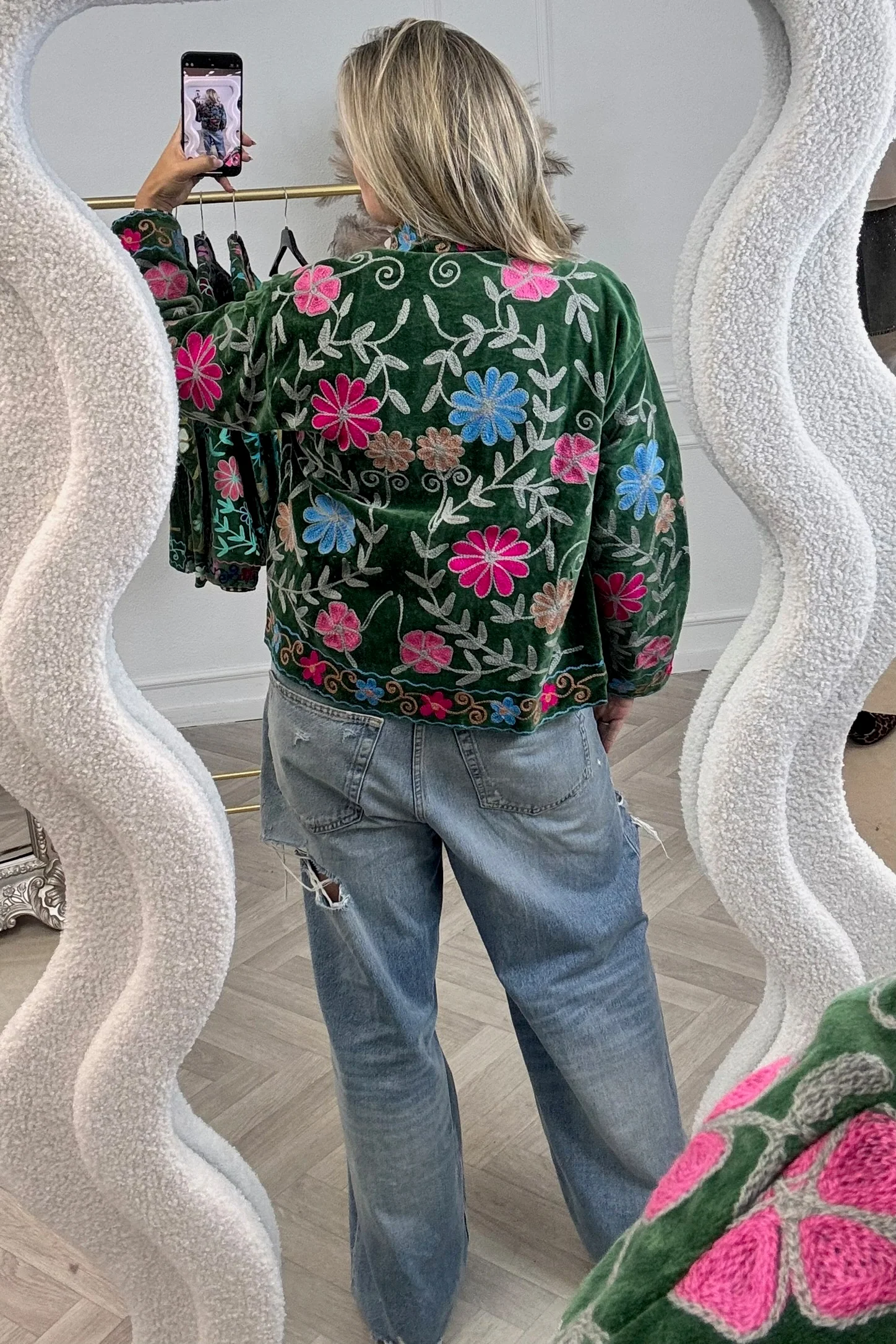 Cotton Velvet Flower Garden Jacket - Green/Grey - Image 2