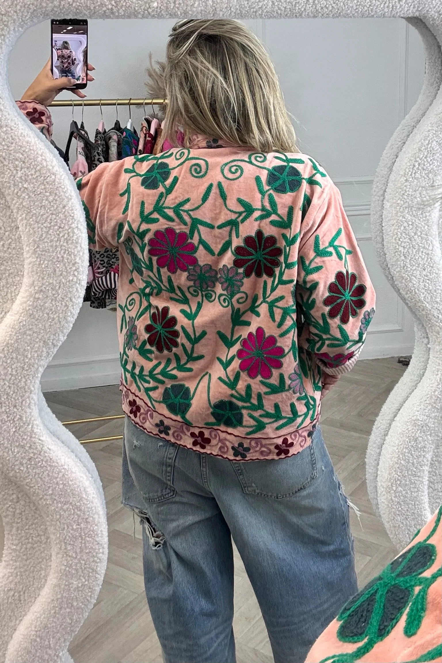 Cotton Velvet Flower Garden Jacket - Light Pink/Green - Image 2