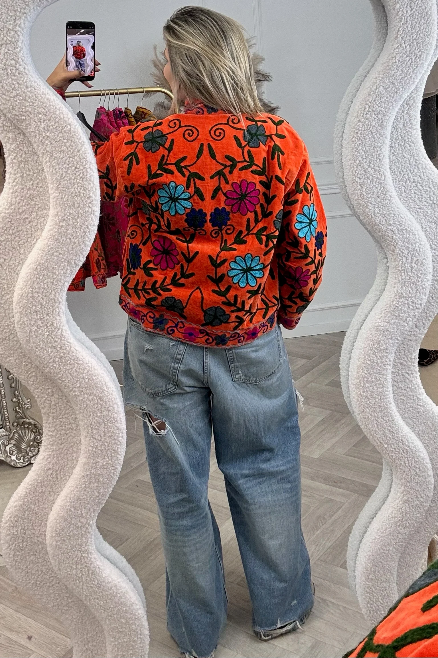 Cotton Velvet Flower Garden Jacket - Orange/Dark Green - Image 2