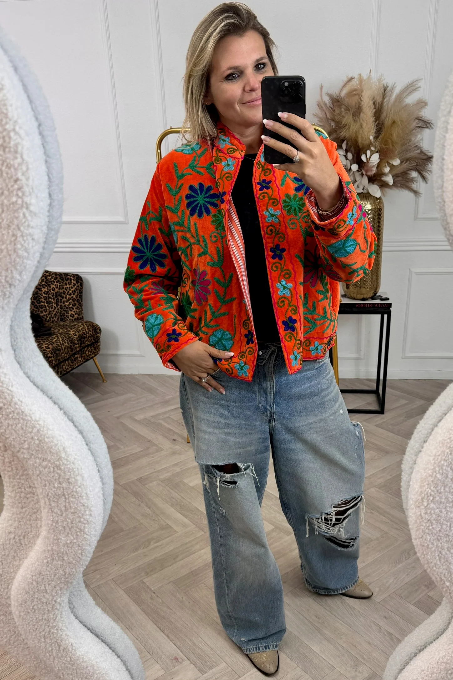 Cotton Velvet Flower Garden Jacket - Orange/Green