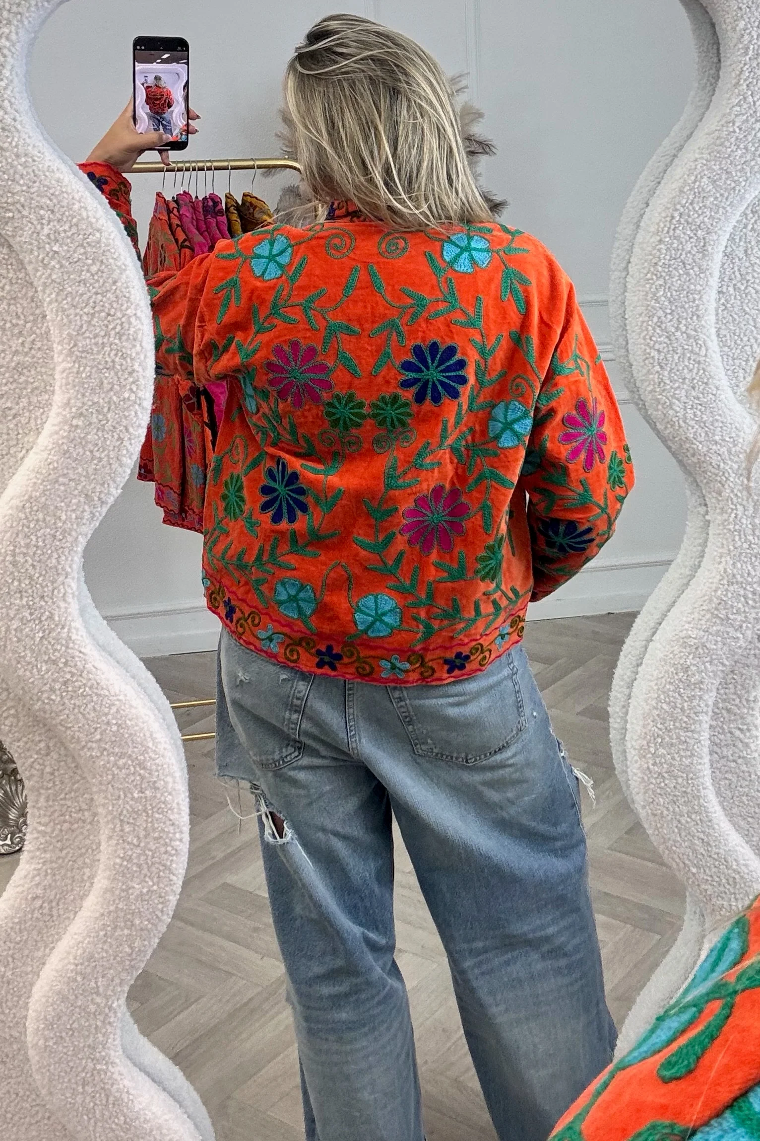 Cotton Velvet Flower Garden Jacket - Orange/Green - Image 2