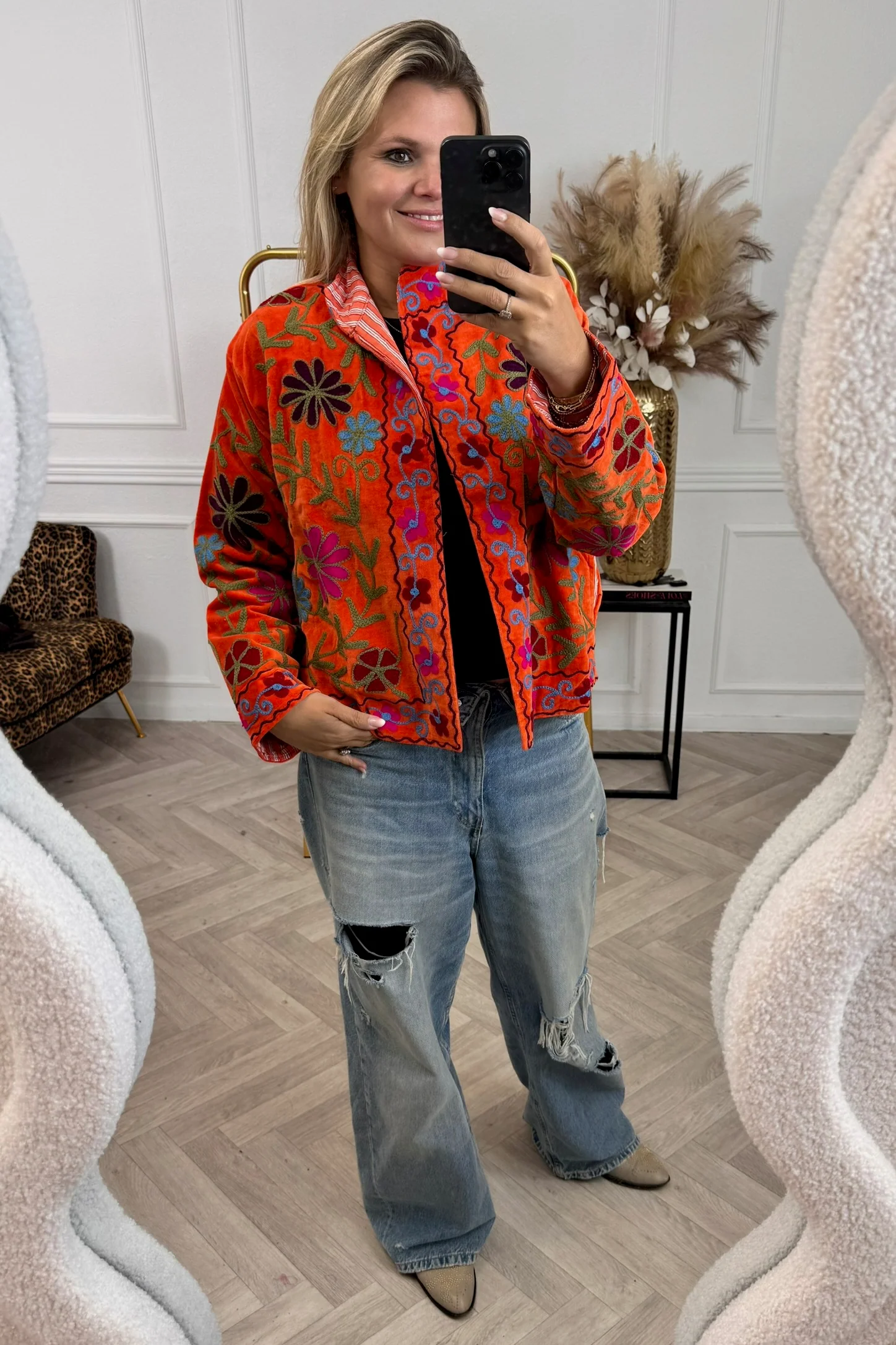 Cotton Velvet Flower Garden Jacket - Orange/Light Green