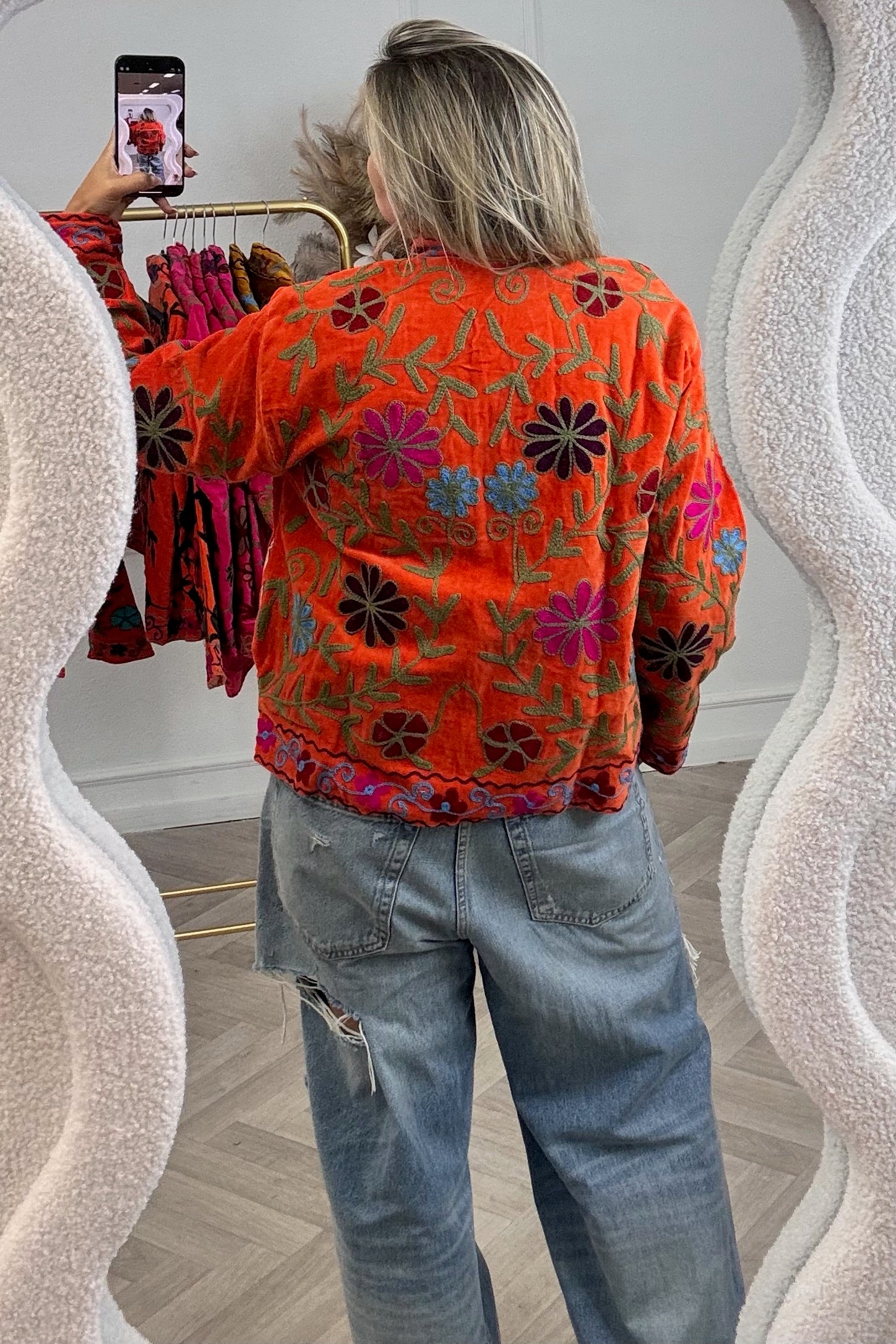 Cotton Velvet Flower Garden Jacket - Orange/Light Green - Image 2
