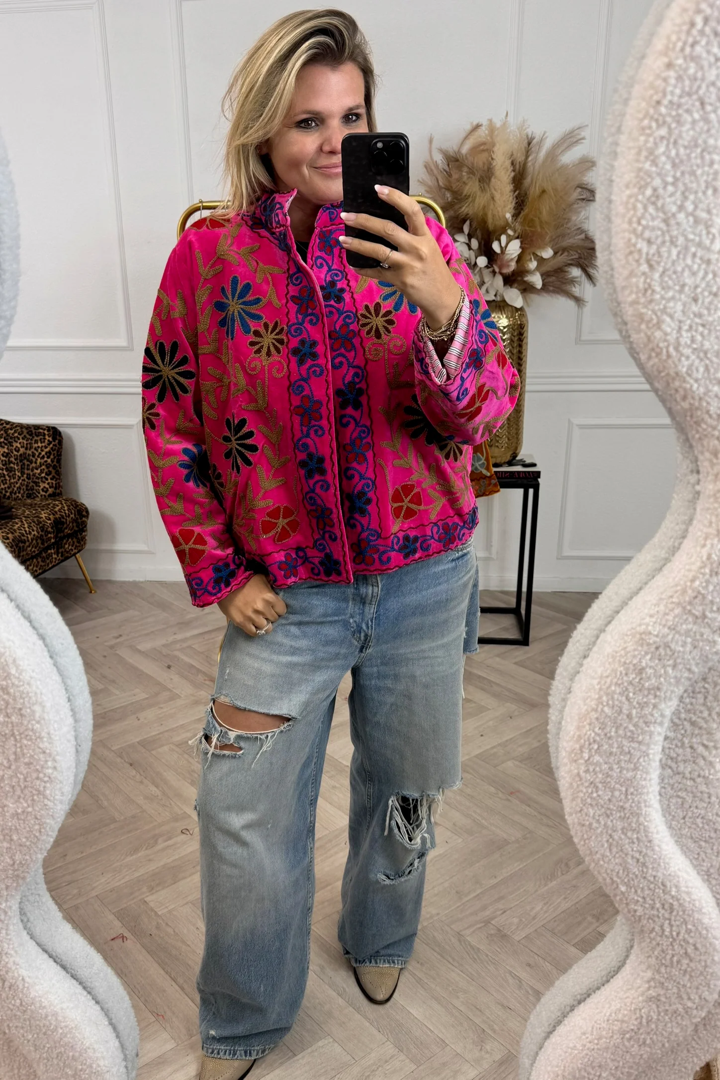 Cotton Velvet Flower Garden Jacket - Pink/Blue