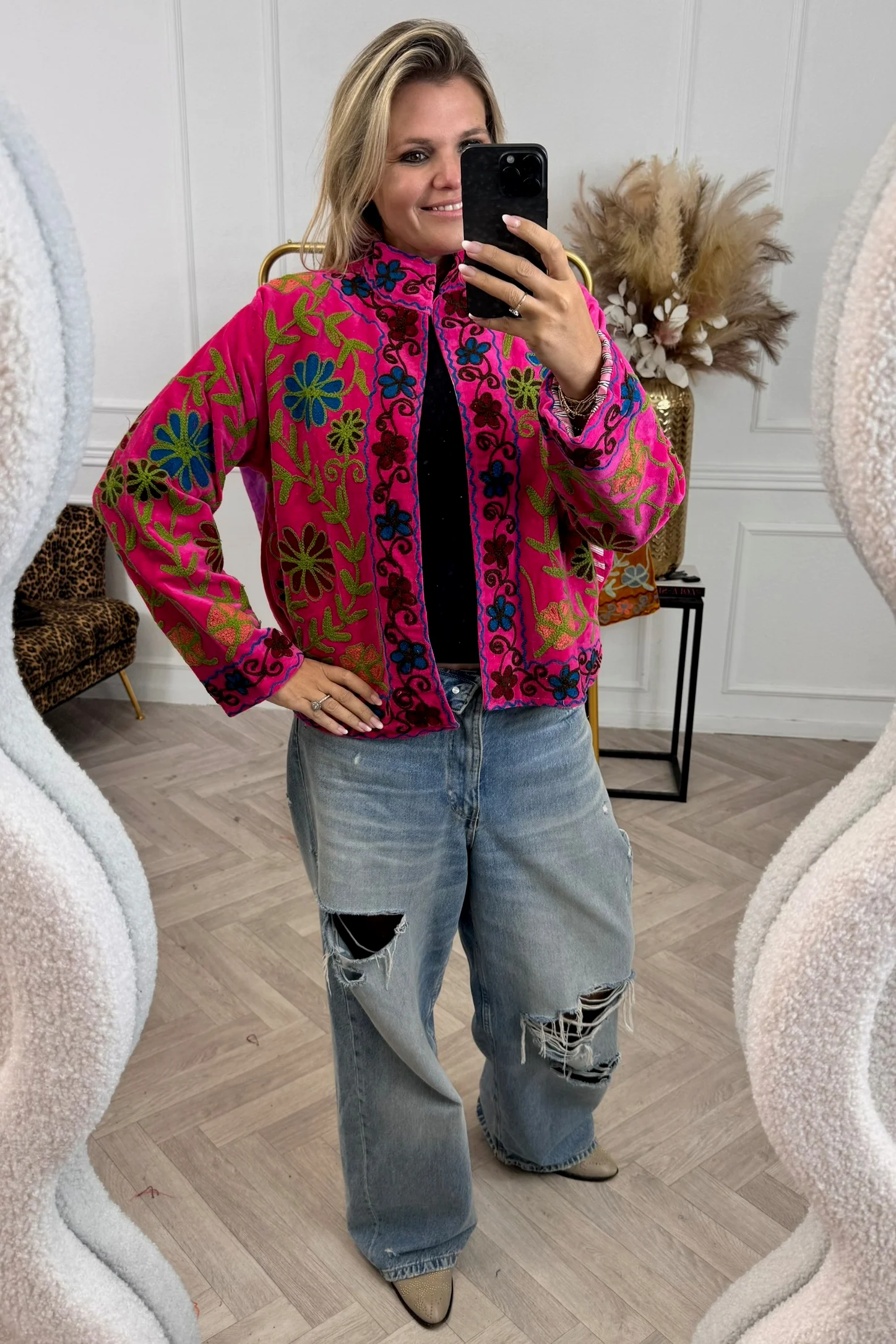 Cotton Velvet Flower Garden Jacket - Pink/Green