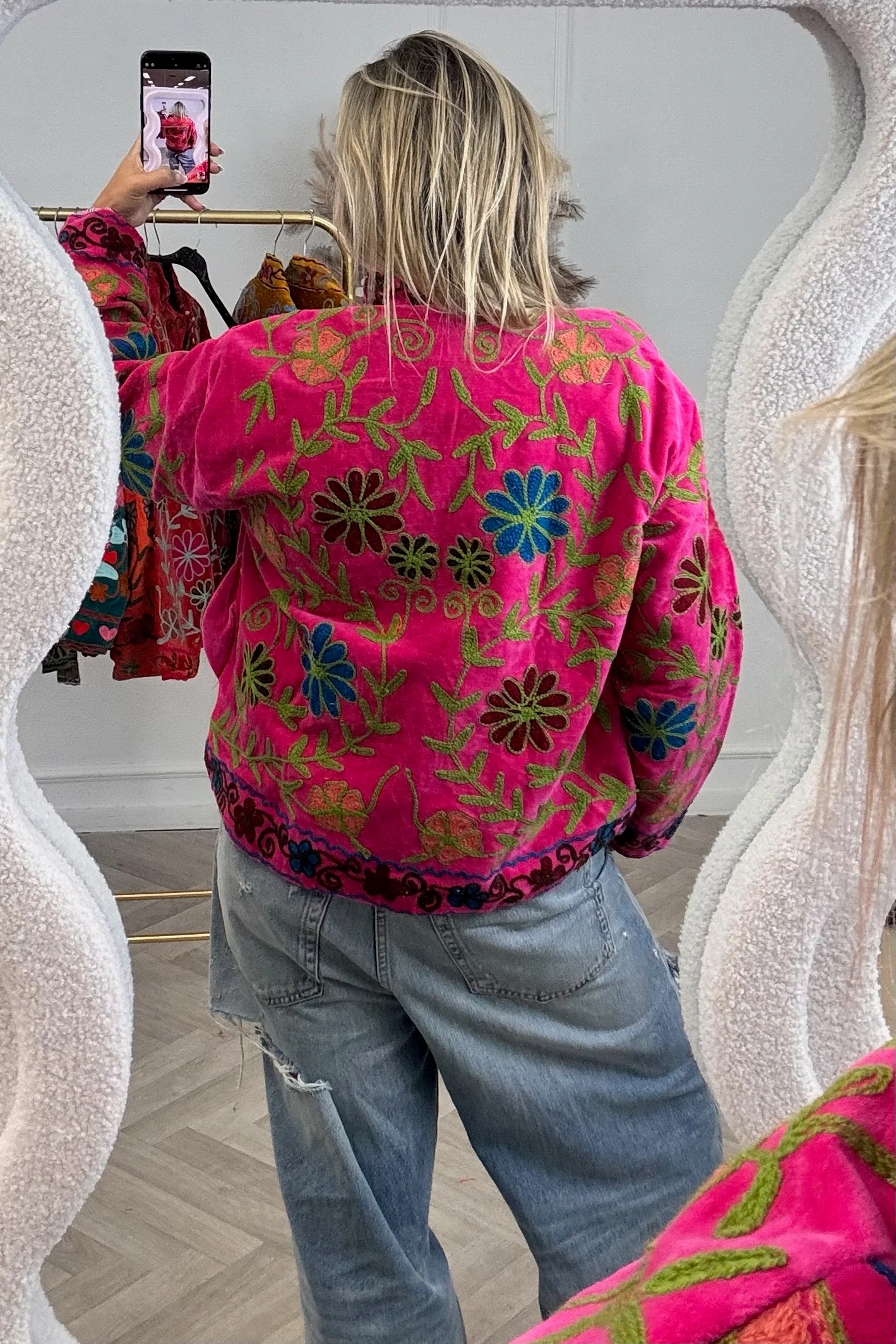 Cotton Velvet Flower Garden Jacket - Pink/Green - Image 2