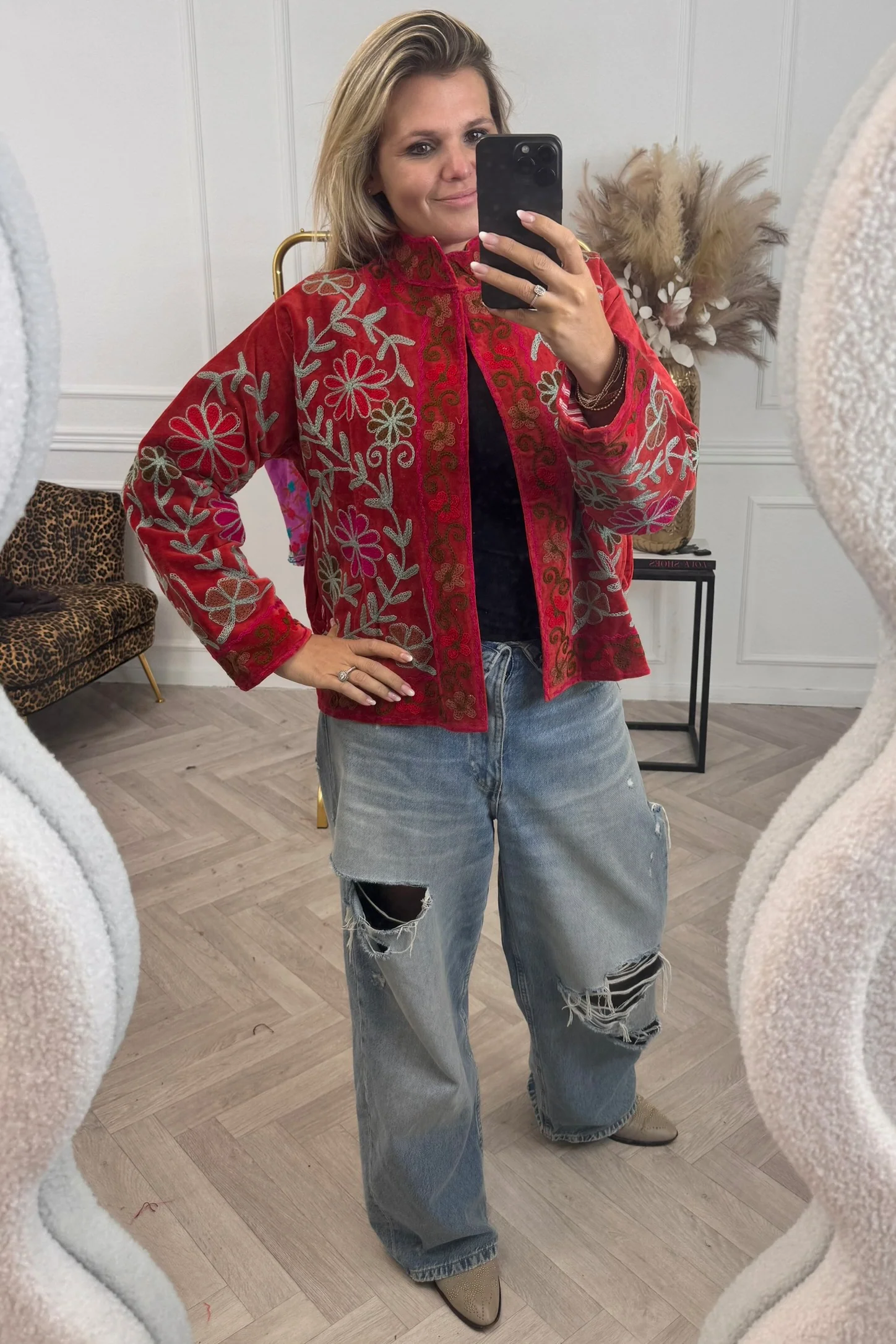 Cotton Velvet Flower Garden Jacket - Red