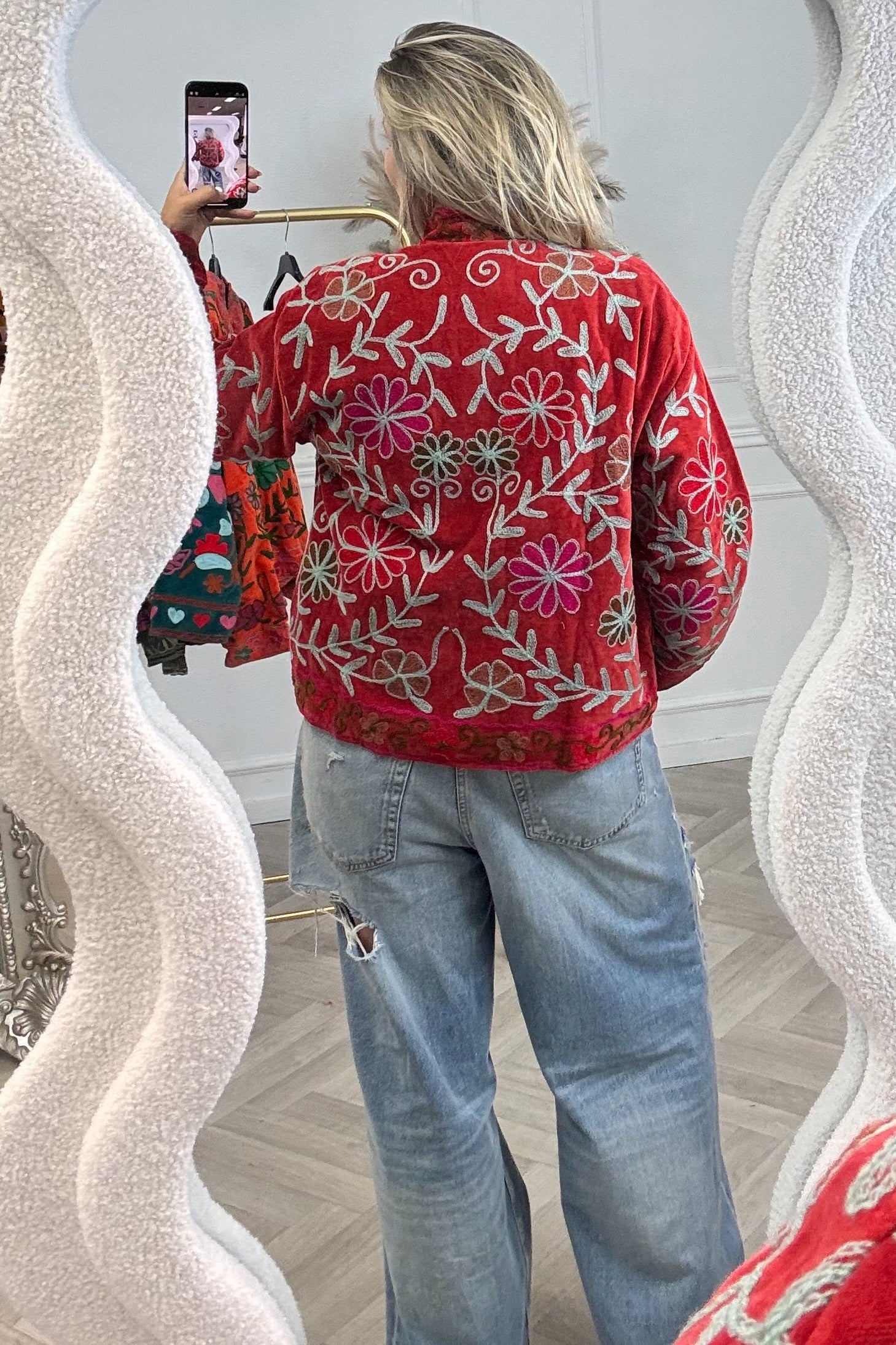 Cotton Velvet Flower Garden Jacket - Red - Image 2