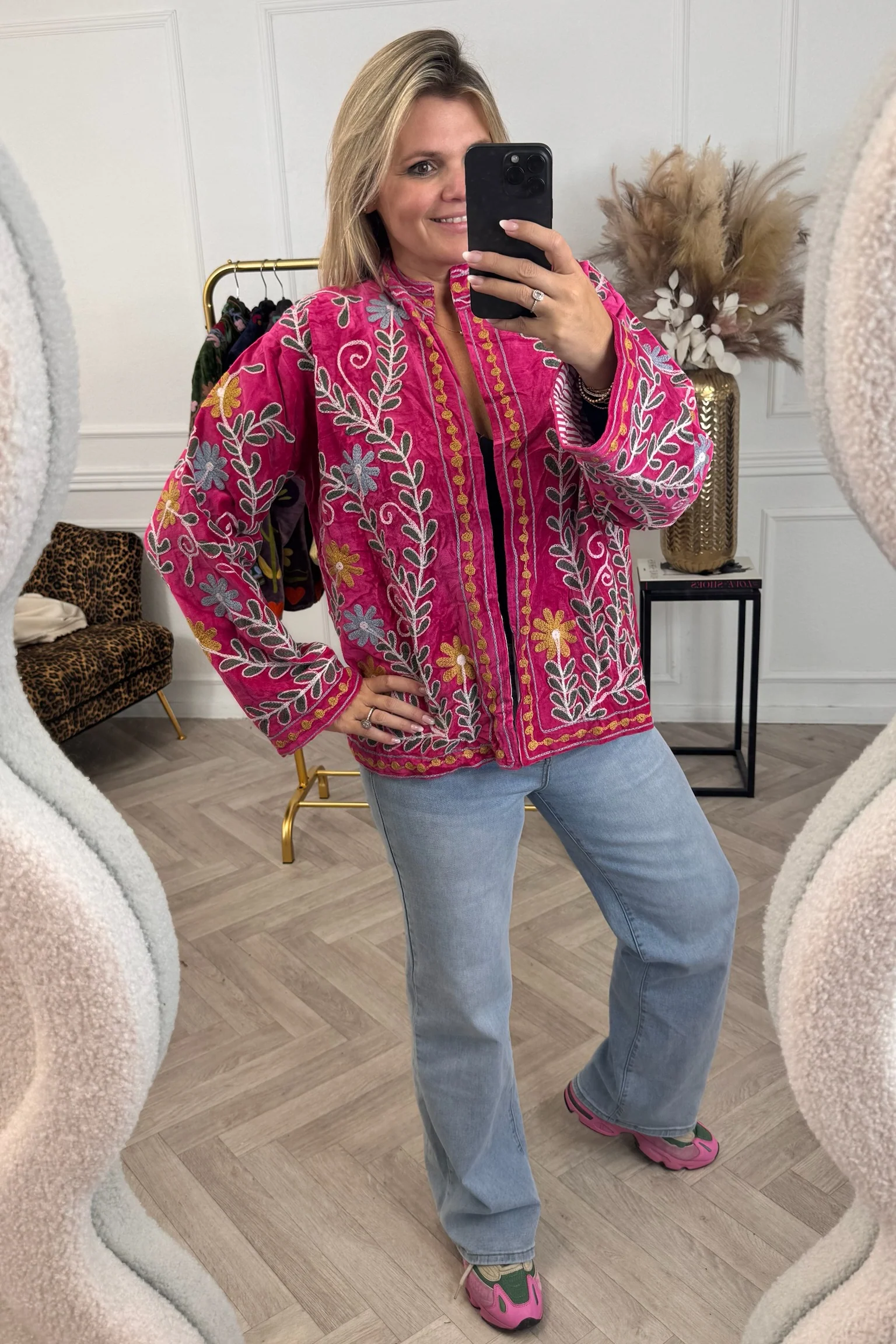 Cotton Velvet Flower Leaves Jacket - Pink