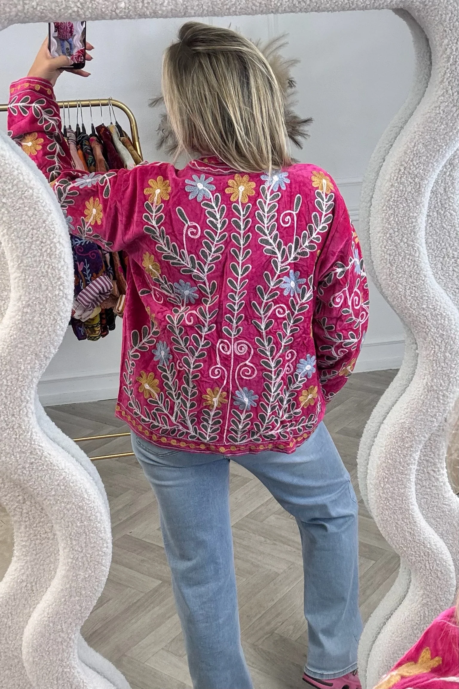 Cotton Velvet Flower Leaves Jacket - Pink - Image 2