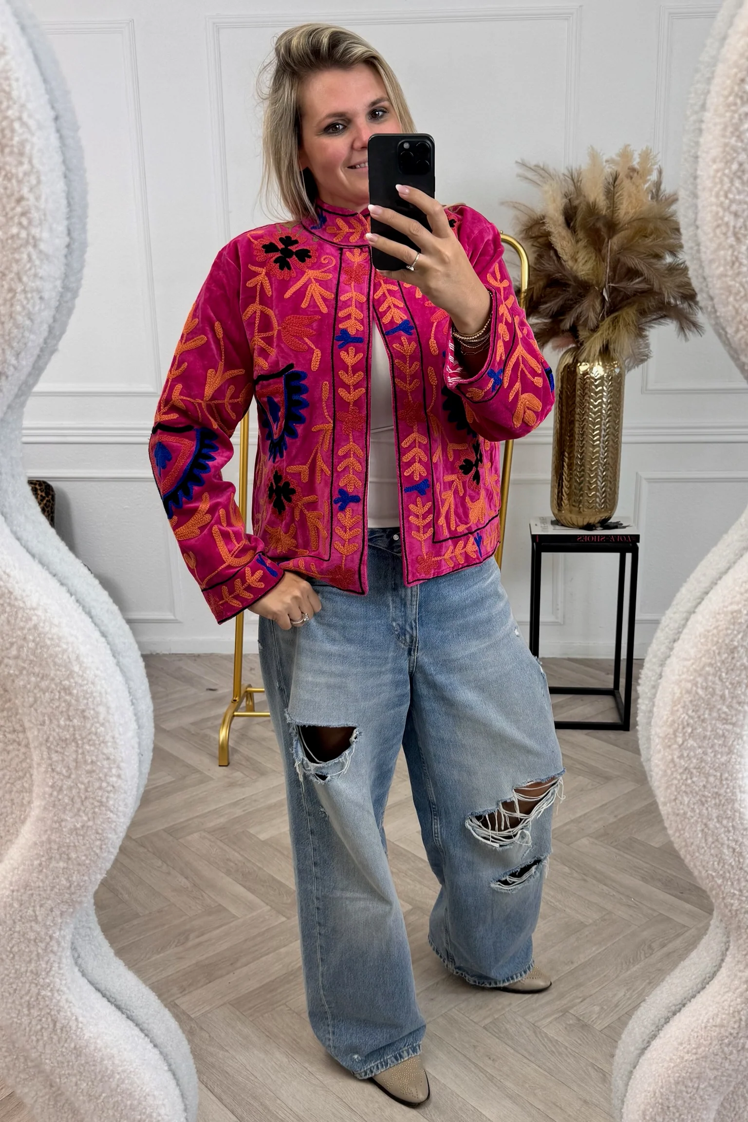Cotton Velvet Flower Leaves Jacket - Pink/Dark Blue